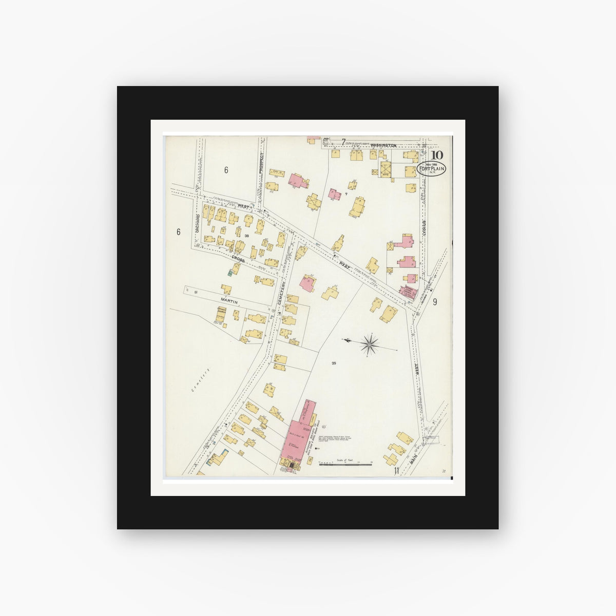 Old map wall art mockup — black gallery frame with white mat — Sanborn Fire Insurance Map from Fort Plain, Montgomery County, New York (1906), Sheet #0010