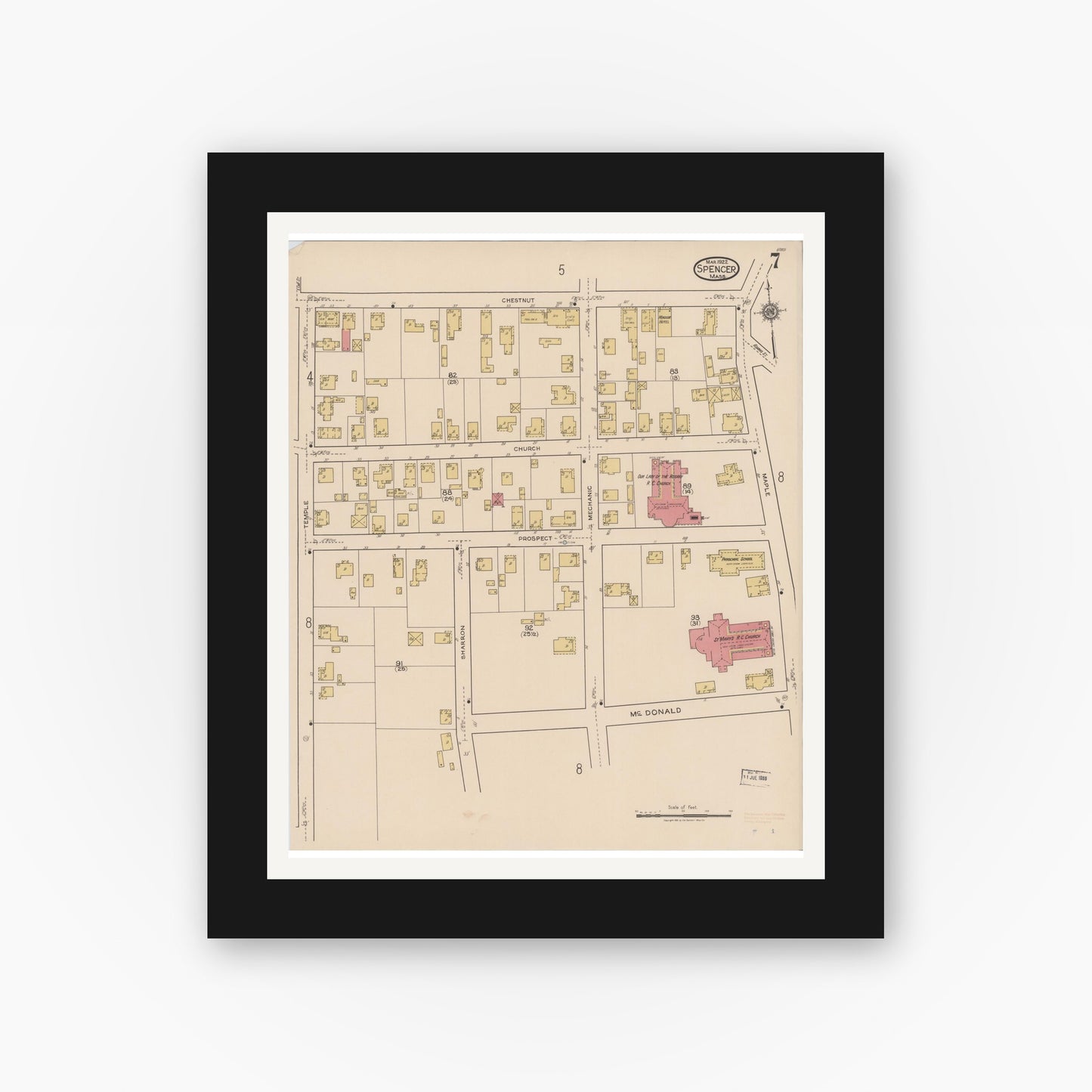 Old map wall art mockup — black gallery frame with white mat — Sanborn Fire Insurance Map from Spencer, Worcester County, Massachusetts (1922), Sheet #0007