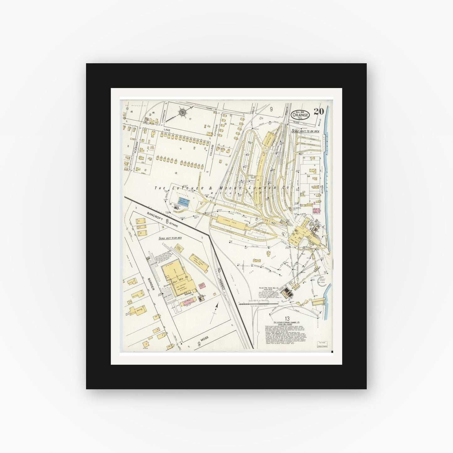 Old map wall art mockup — black gallery frame with white mat — Sanborn Fire Insurance Map from Orange, Orange County, Texas (1919), Sheet #0020