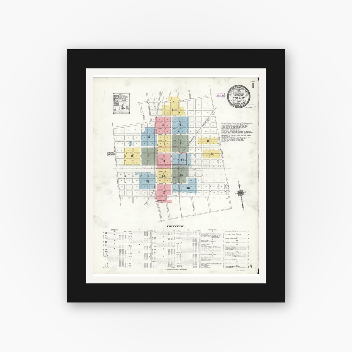 Old map wall art mockup — black gallery frame with white mat — Sanborn Fire Insurance Map from Colton, San Bernardino County, California (1911) - Complete Map Set