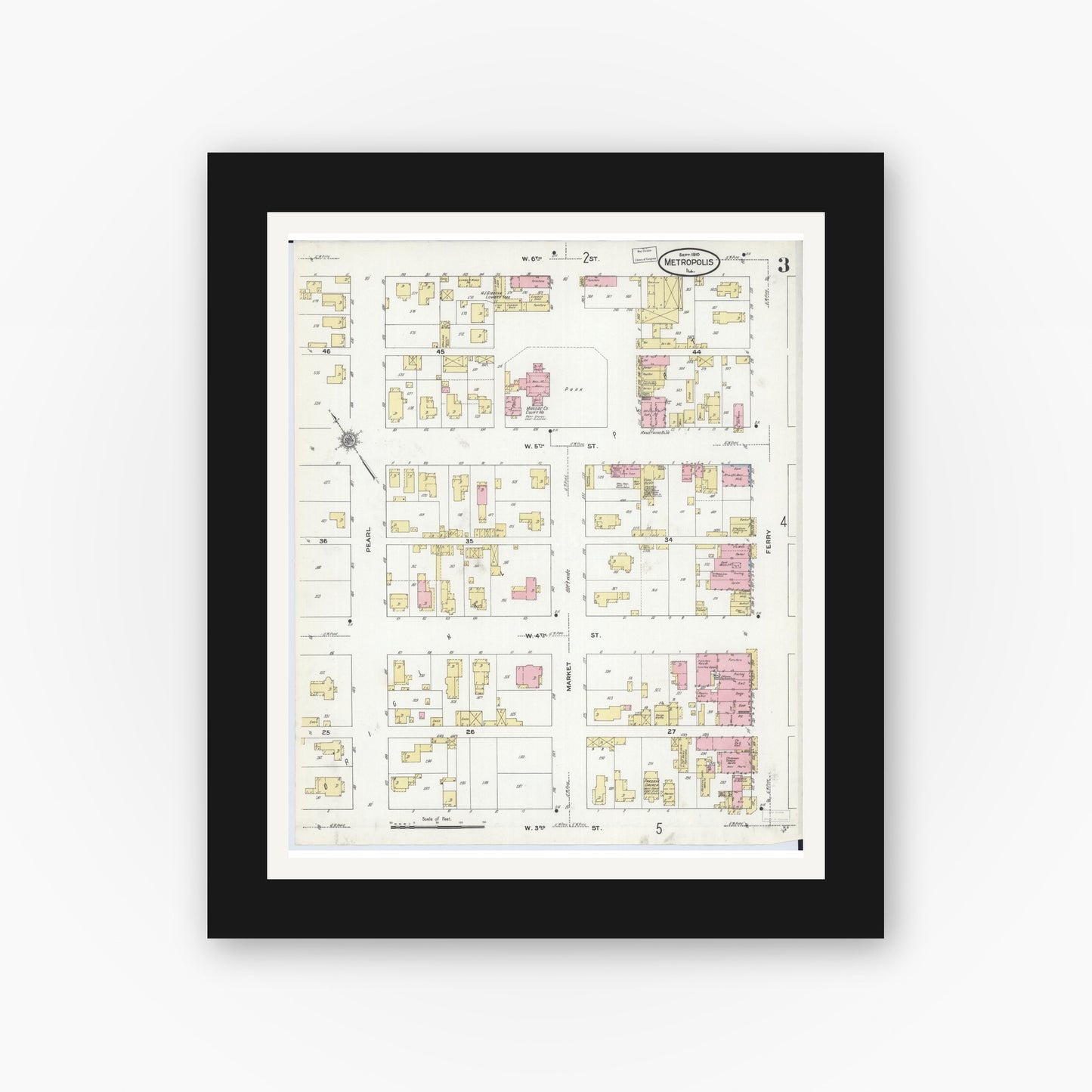 Old map wall art mockup — black gallery frame with white mat — Sanborn Fire Insurance Map from Metropolis, Massac County, Illinois (1910), Sheet #0003