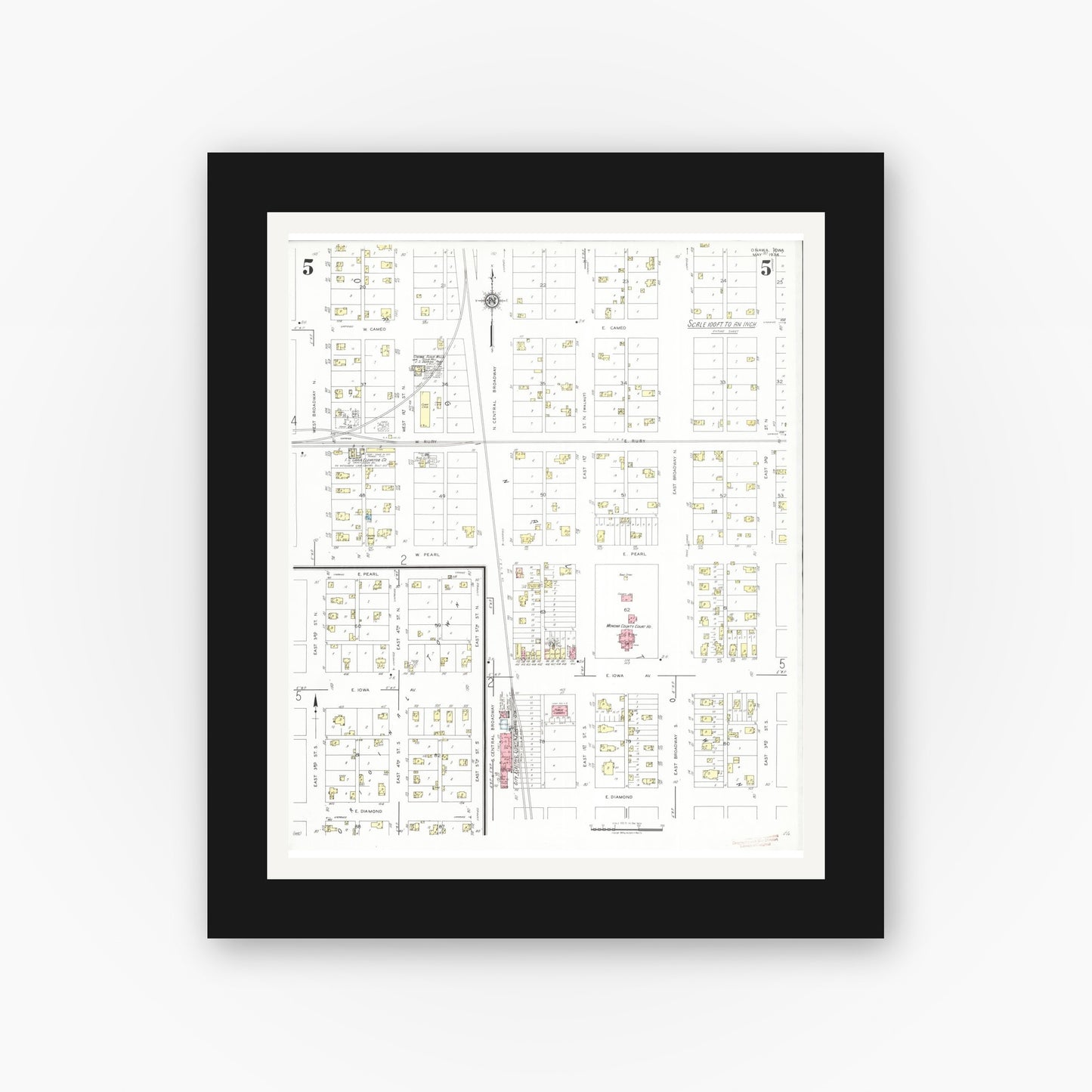 Old map wall art mockup β black gallery frame with white mat β Sanborn Fire Insurance Map from Onawa, Monona County, Iowa (1934), Sheet #0005