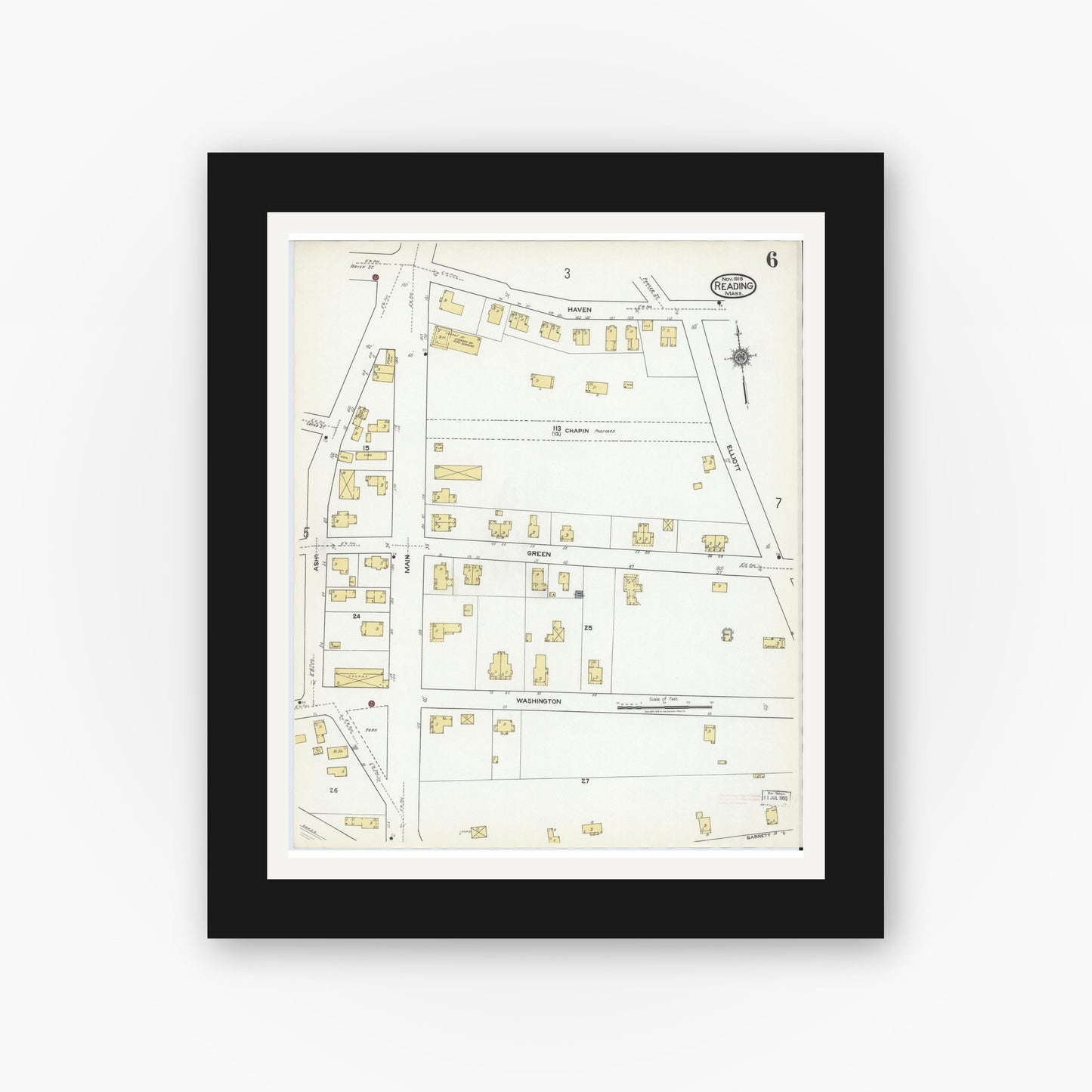 Old map wall art mockup — black gallery frame with white mat — Sanborn Fire Insurance Map from Reading, Middlesex County, Massachusetts (1918), Sheet #0006