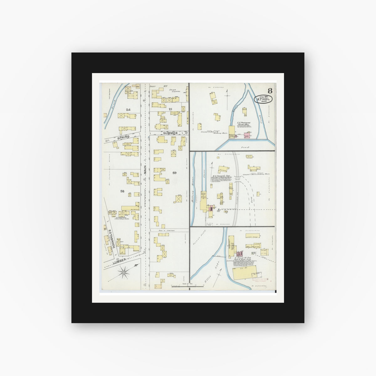 Old map wall art mockup — black gallery frame with white mat — Sanborn Fire Insurance Map from Athol, Worcester County, Massachusetts (1892), Sheet #0008