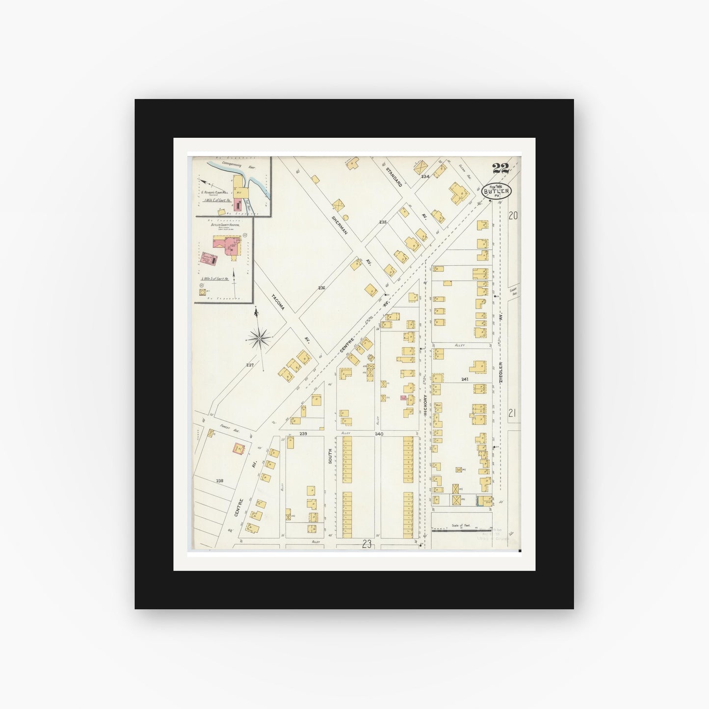 Old map wall art mockup — black gallery frame with white mat — Sanborn Fire Insurance Map from Butler, Butler County, Pennsylvania (1906), Sheet #0022