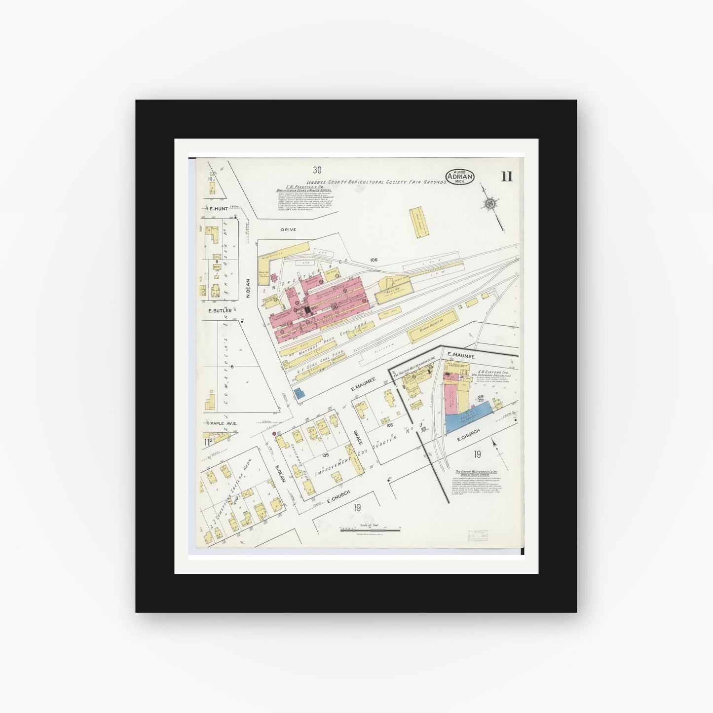 Old map wall art mockup — black gallery frame with white mat — Sanborn Fire Insurance Map from Adrian, Lenawee County, Michigan (1916), Sheet #0011