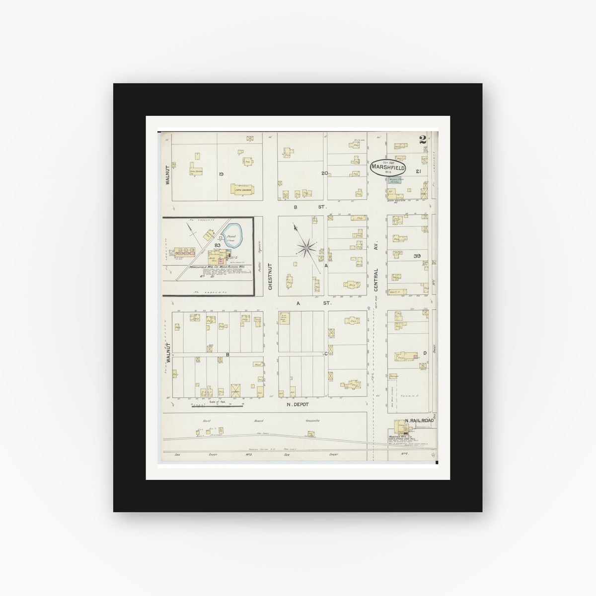 Old map wall art mockup — black gallery frame with white mat — Sanborn Fire Insurance Map from Marshfield, Wood County, Wisconsin (1887), Sheet #0002