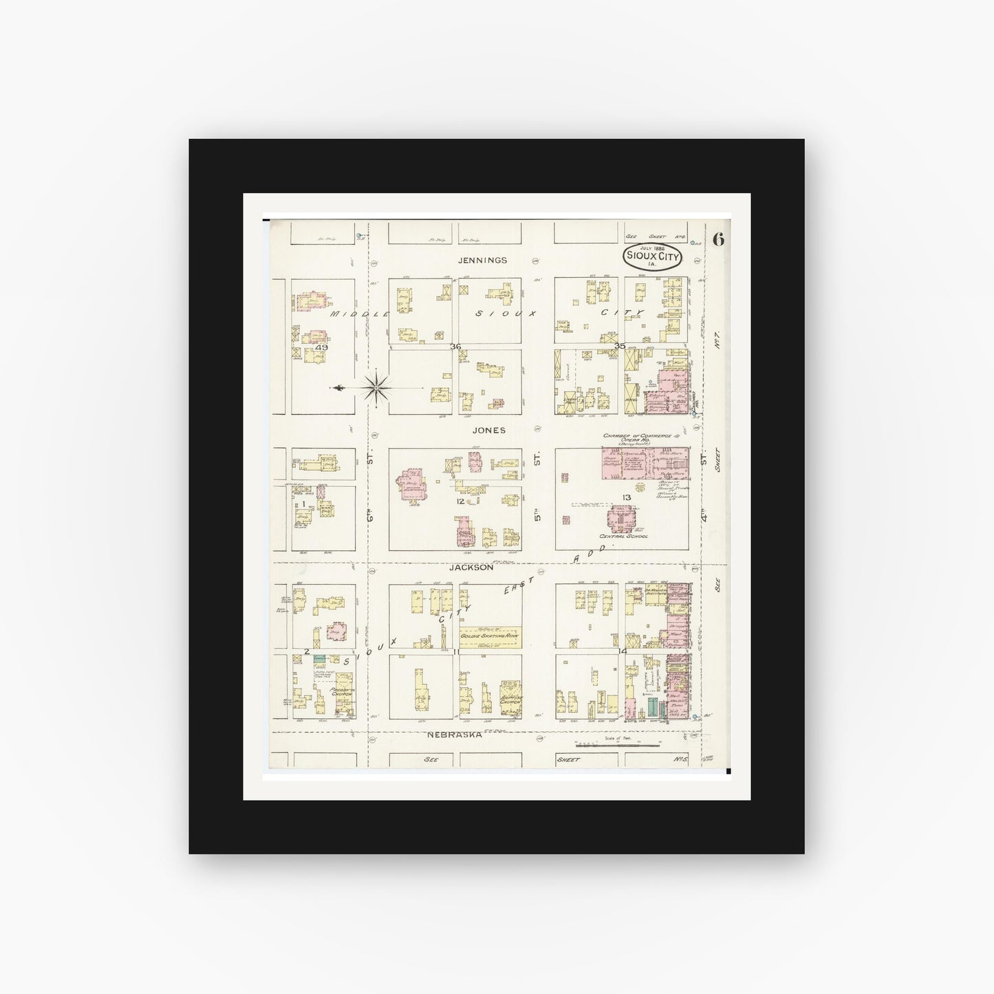 Old map wall art mockup β black gallery frame with white mat β Sanborn Fire Insurance Map from Sioux City, Woodbury County, Iowa (1886), Sheet #0006