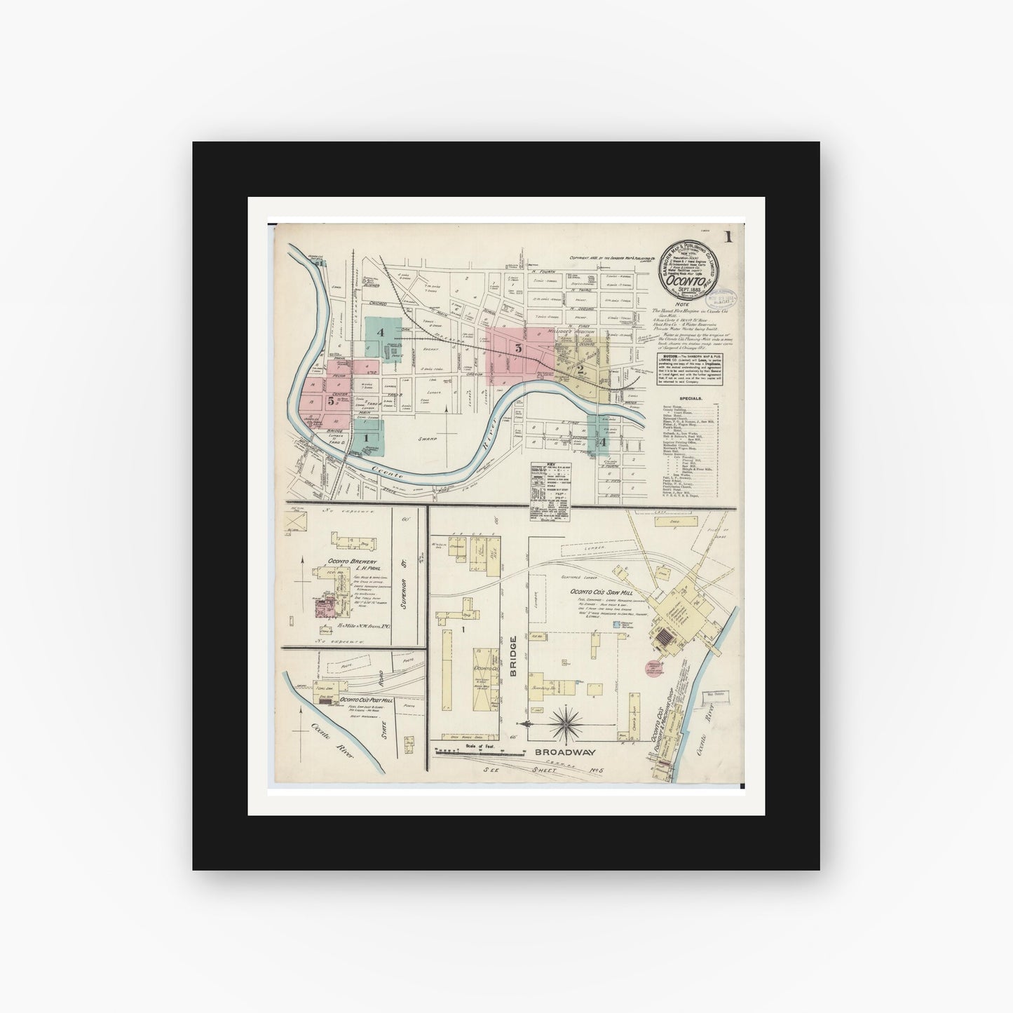 Old map wall art mockup — black gallery frame with white mat — Sanborn Fire Insurance Map from Oconto, Oconto County, Wisconsin (1883) - Complete Map Set