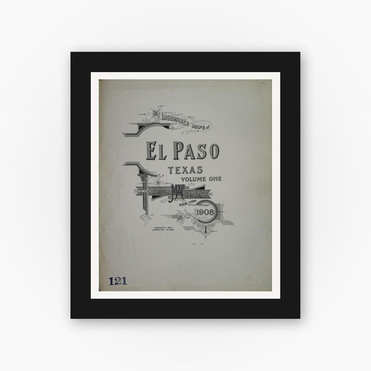 Old map wall art mockup — black gallery frame with white mat — Sanborn Fire Insurance Map from El Paso, El Paso County, Texas (1948), Sheet #0001
