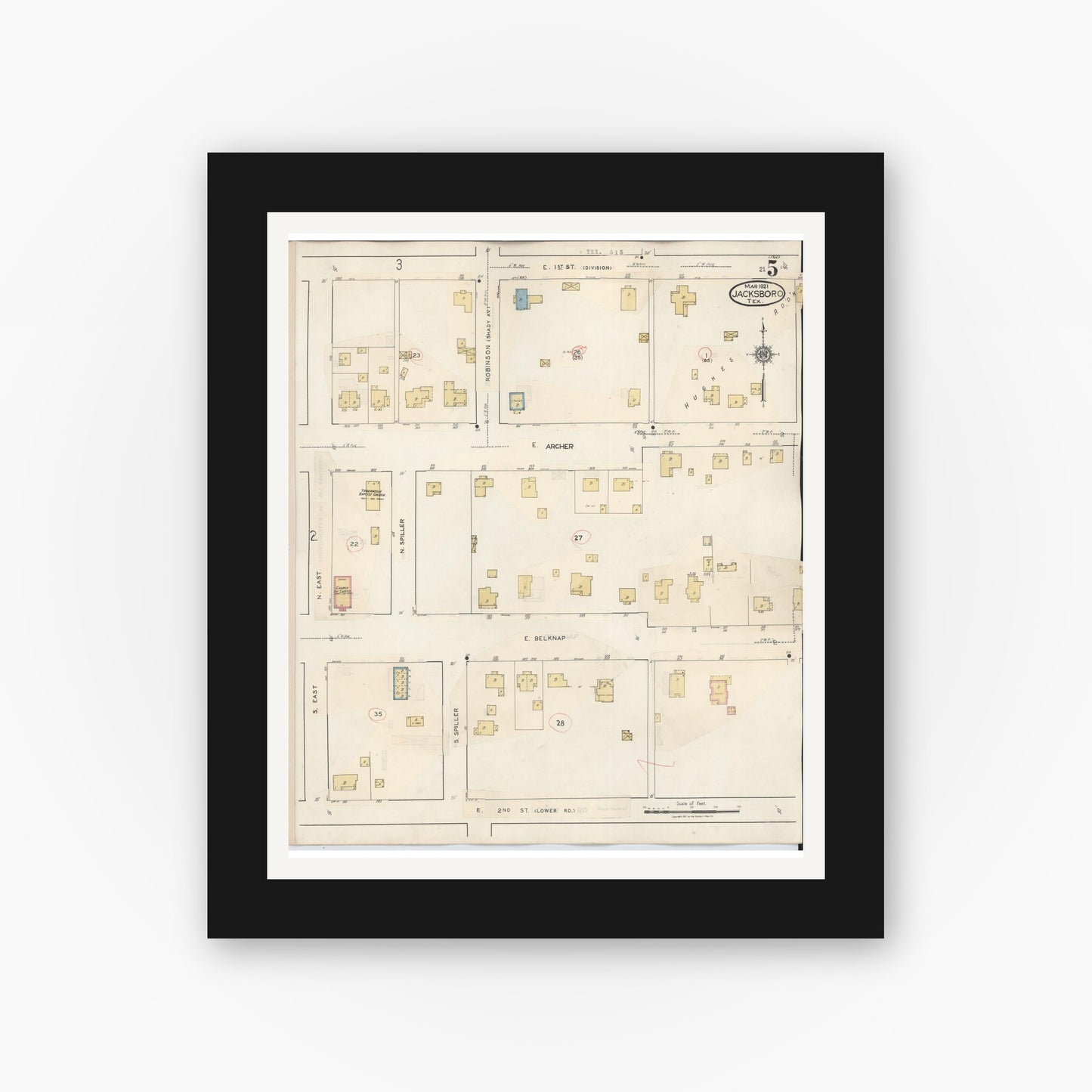Old map wall art mockup — black gallery frame with white mat — Sanborn Fire Insurance Map from Jacksboro, Jack County, Texas (1942), Sheet #0005