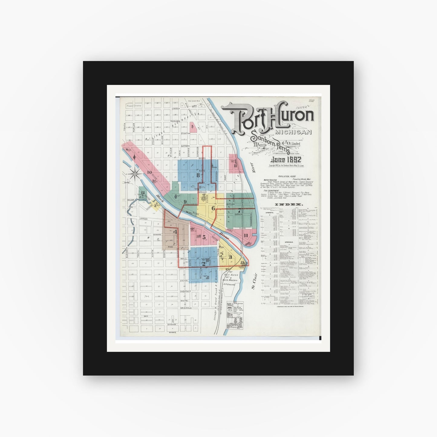 Old map wall art mockup — black gallery frame with white mat — Sanborn Fire Insurance Map from Port Huron, Saint Clair County, Michigan (1892) - Complete Map Set