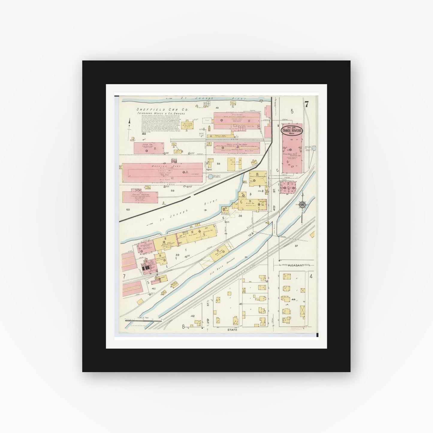 Old map wall art mockup — black gallery frame with white mat — Sanborn Fire Insurance Map from Three Rivers, Saint Joseph County, Michigan (1916), Sheet #0007