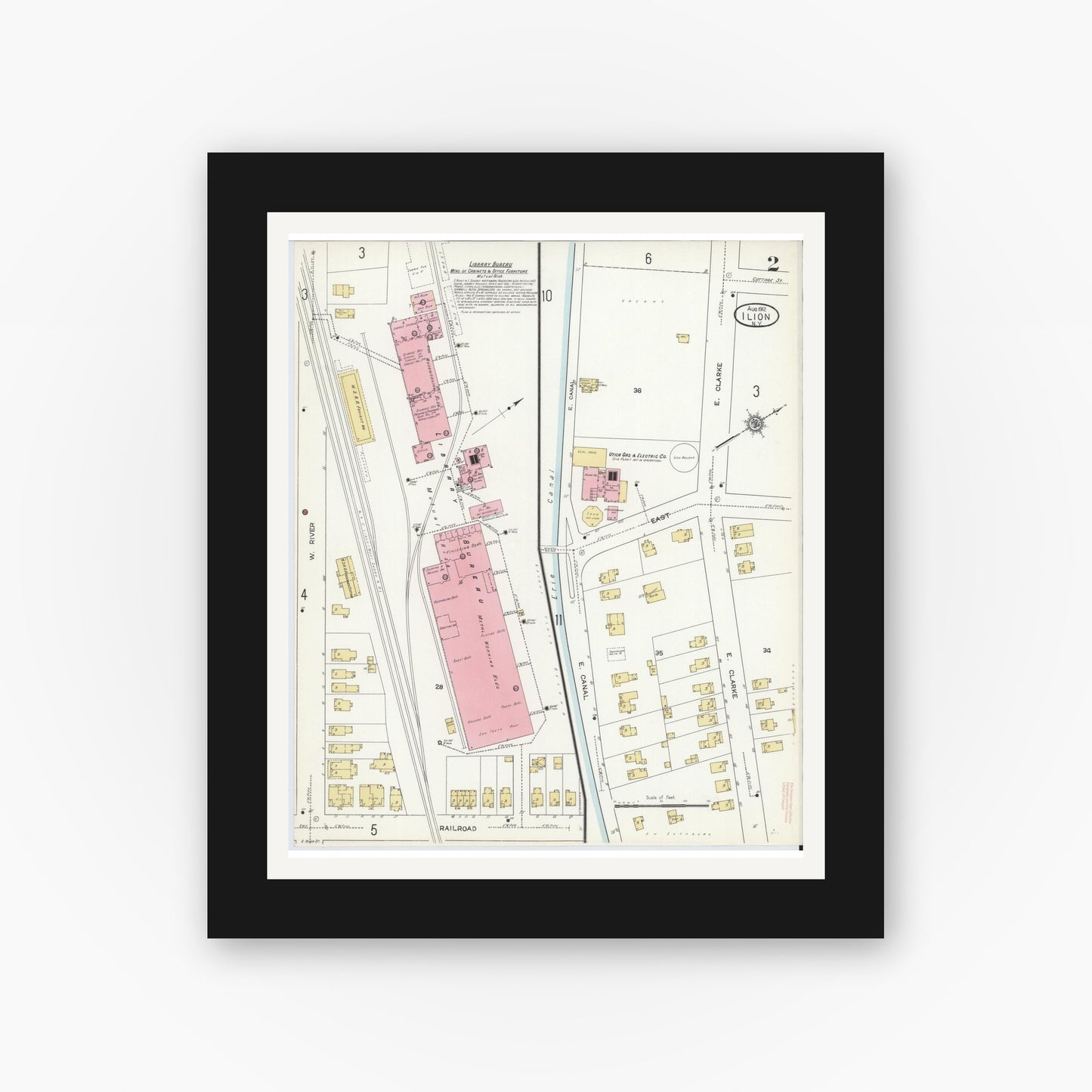 Old map wall art mockup — black gallery frame with white mat — Sanborn Fire Insurance Map from Ilion, Herkimer County, New York (1912) - Complete Map Set
