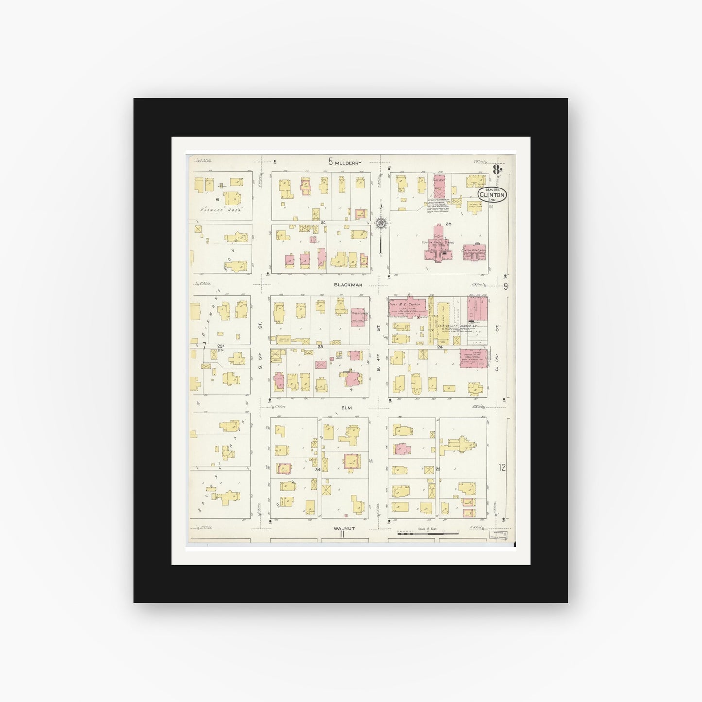 Old map wall art mockup — black gallery frame with white mat — Sanborn Fire Insurance Map from Clinton, Vermillion County, Indiana (1915), Sheet #0008