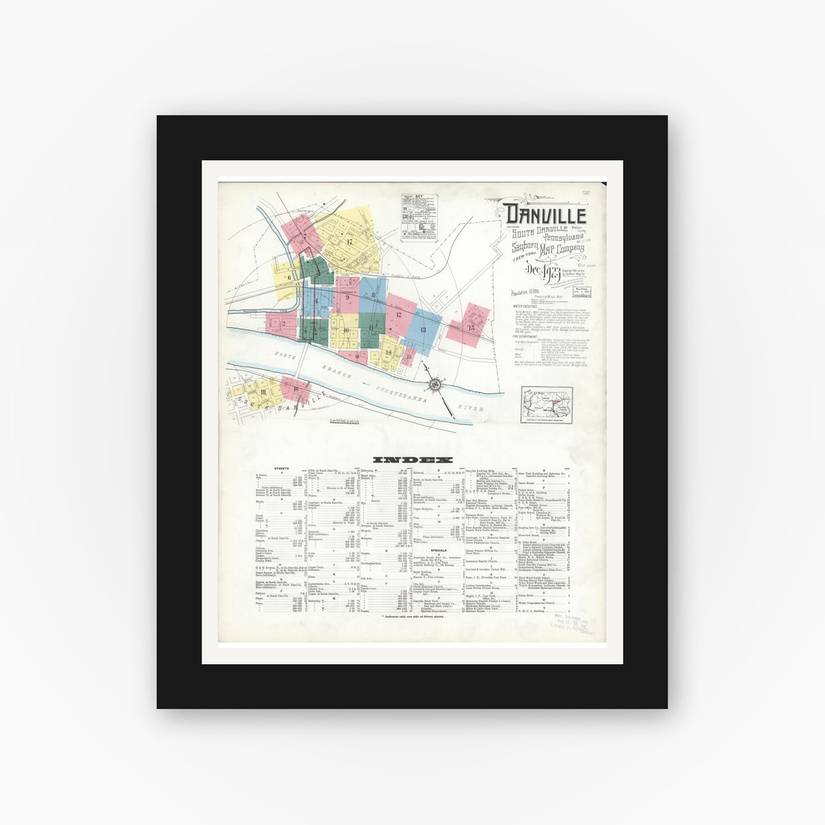 Old map wall art mockup — black gallery frame with white mat — Sanborn Fire Insurance Map from Danville, Montour County, Pennsylvania (1923), Sheet #0001