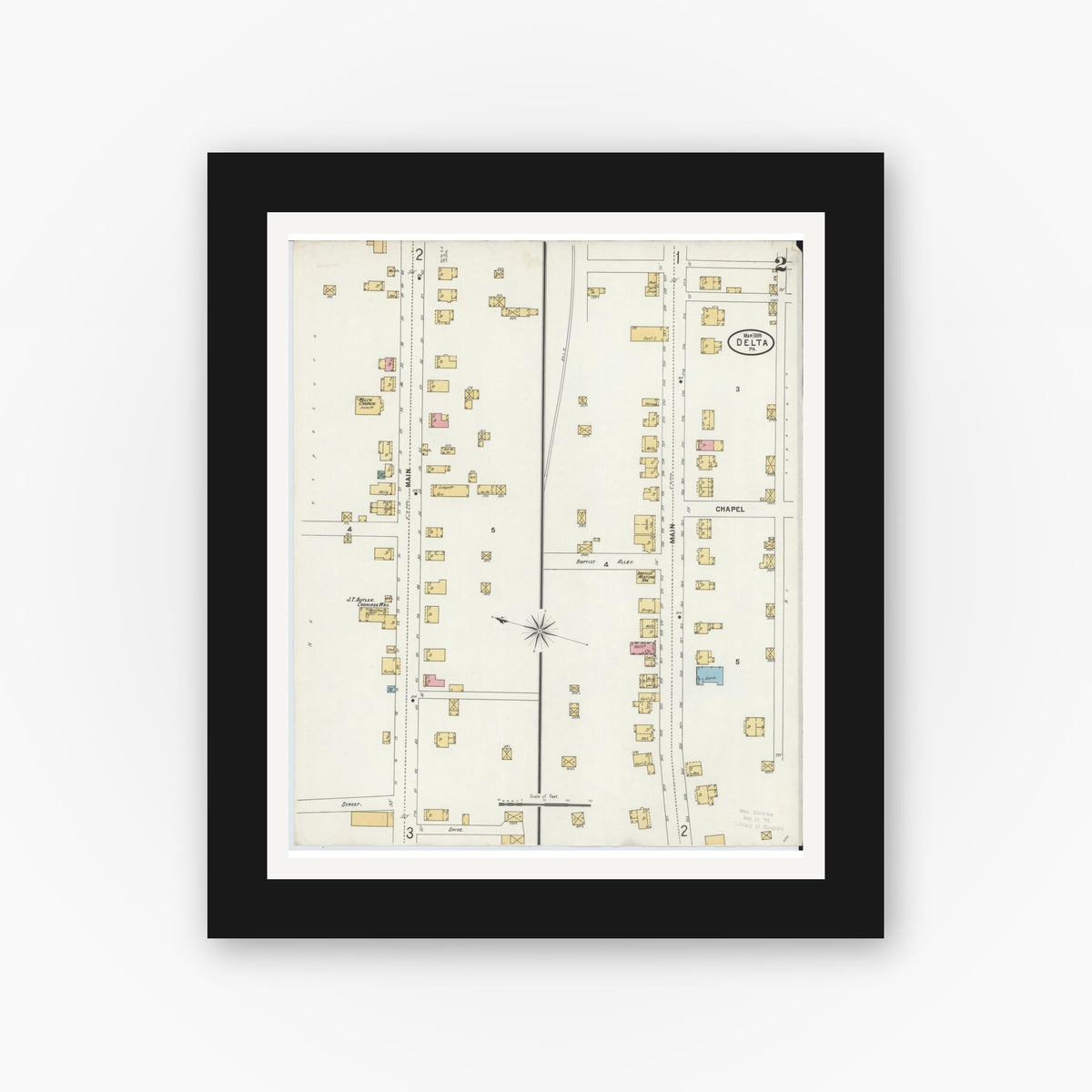 Old map wall art mockup — black gallery frame with white mat — Sanborn Fire Insurance Map from Delta, York County, Pennsylvania (1899), Sheet #0002