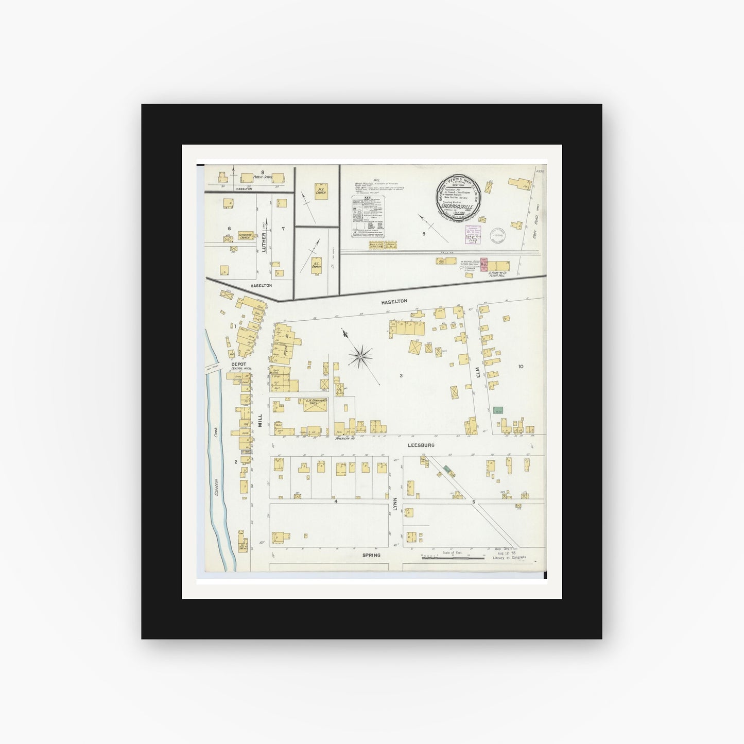 Old map wall art mockup — black gallery frame with white mat — Sanborn Fire Insurance Map from Sherrodsville, Carroll County, Ohio (1901), Sheet #0001