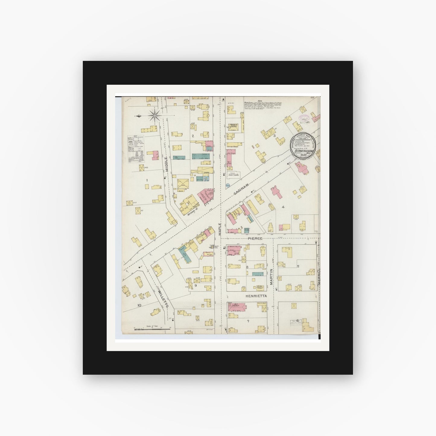 Old map wall art mockup — black gallery frame with white mat — Sanborn Fire Insurance Map from Birmingham, Oakland County, Michigan (1893), Sheet #0001