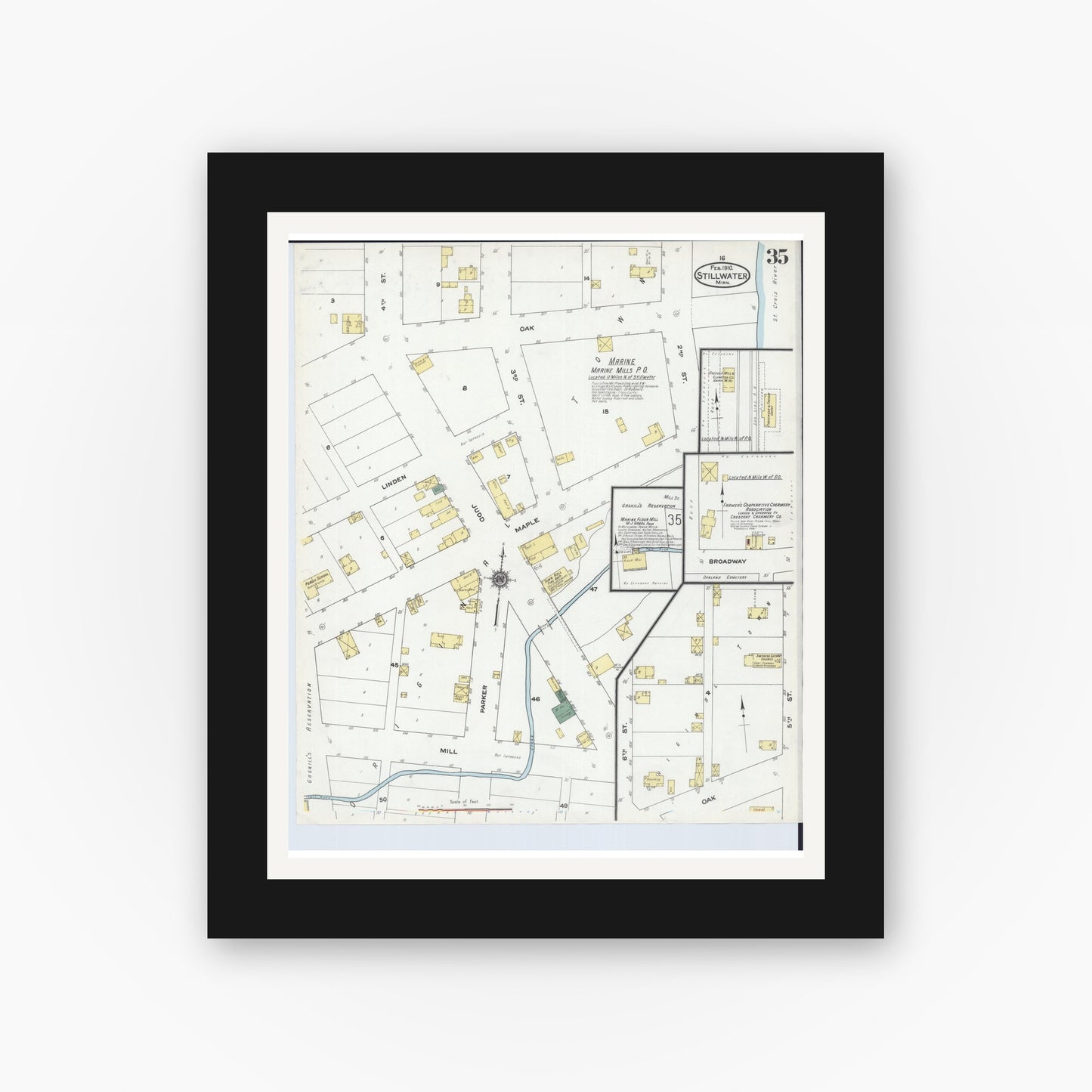 Old map wall art mockup — black gallery frame with white mat — Sanborn Fire Insurance Map from Stillwater, Washington County, Minnesota (1910), Sheet #0035
