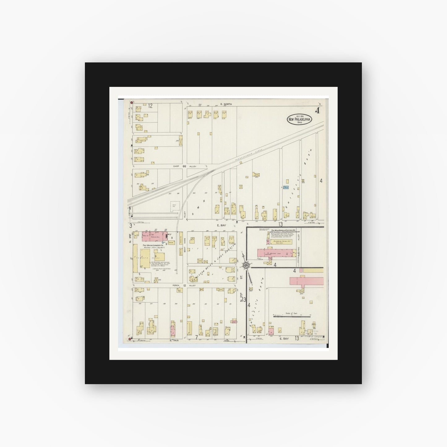 Old map wall art mockup — black gallery frame with white mat — Sanborn Fire Insurance Map from New Philadelphia, Tuscarawas County, Ohio (1914), Sheet #0004