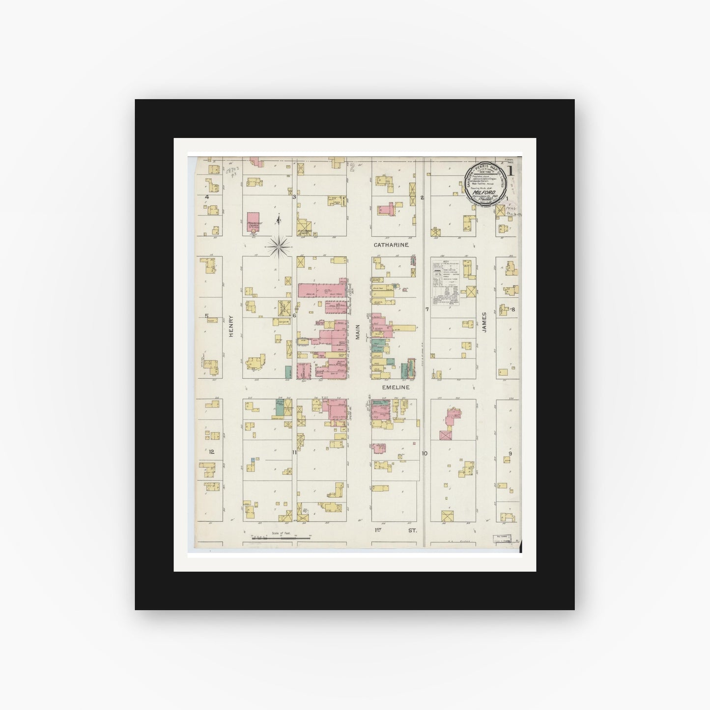 Old map wall art mockup — black gallery frame with white mat — Sanborn Fire Insurance Map from Milford, Kosciusko County, Indiana (1893) - Complete Map Set