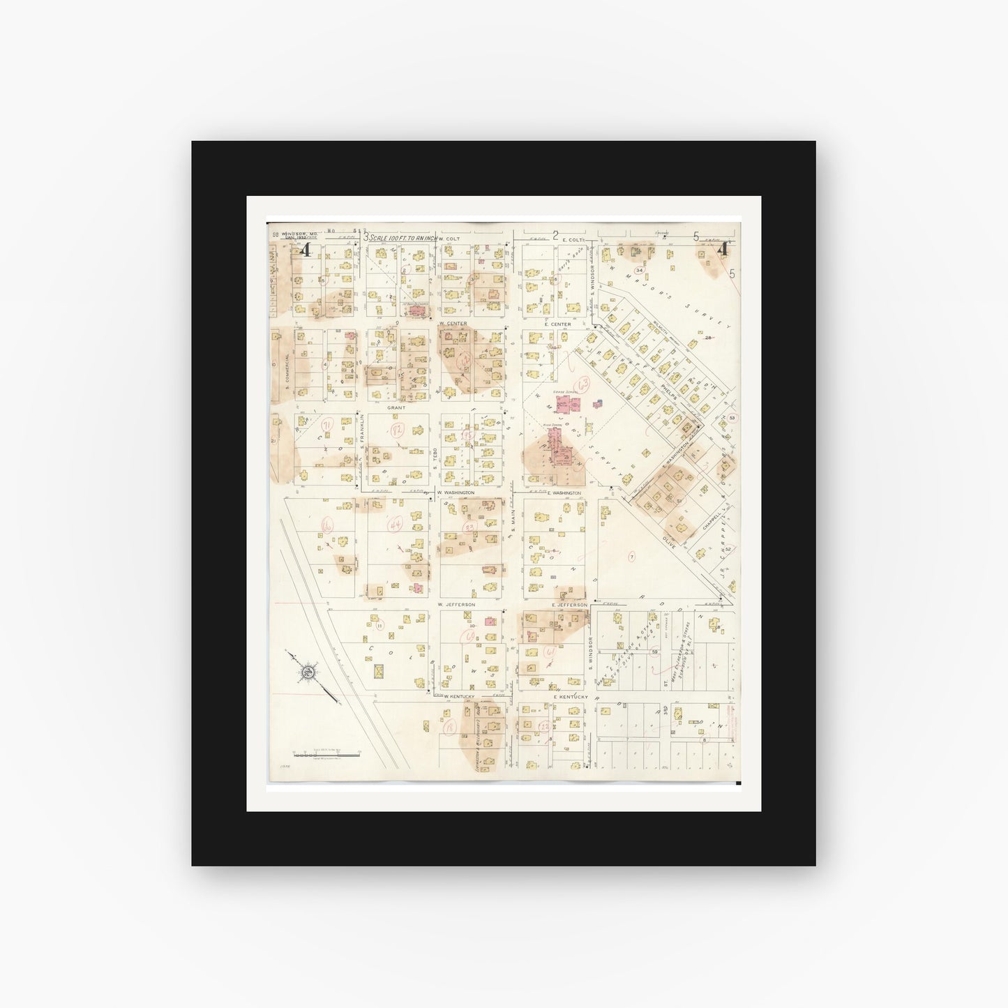 Old map wall art mockup — black gallery frame with white mat — Sanborn Fire Insurance Map from Windsor, Henry County, Missouri (1943), Sheet #0004