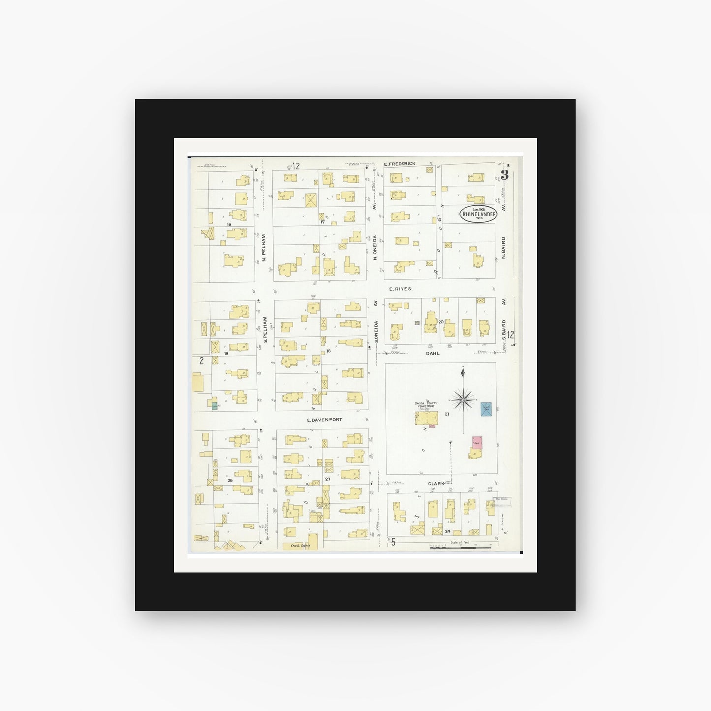 Old map wall art mockup — black gallery frame with white mat — Sanborn Fire Insurance Map from Rhinelander, Oneida County, Wisconsin (1908), Sheet #0003