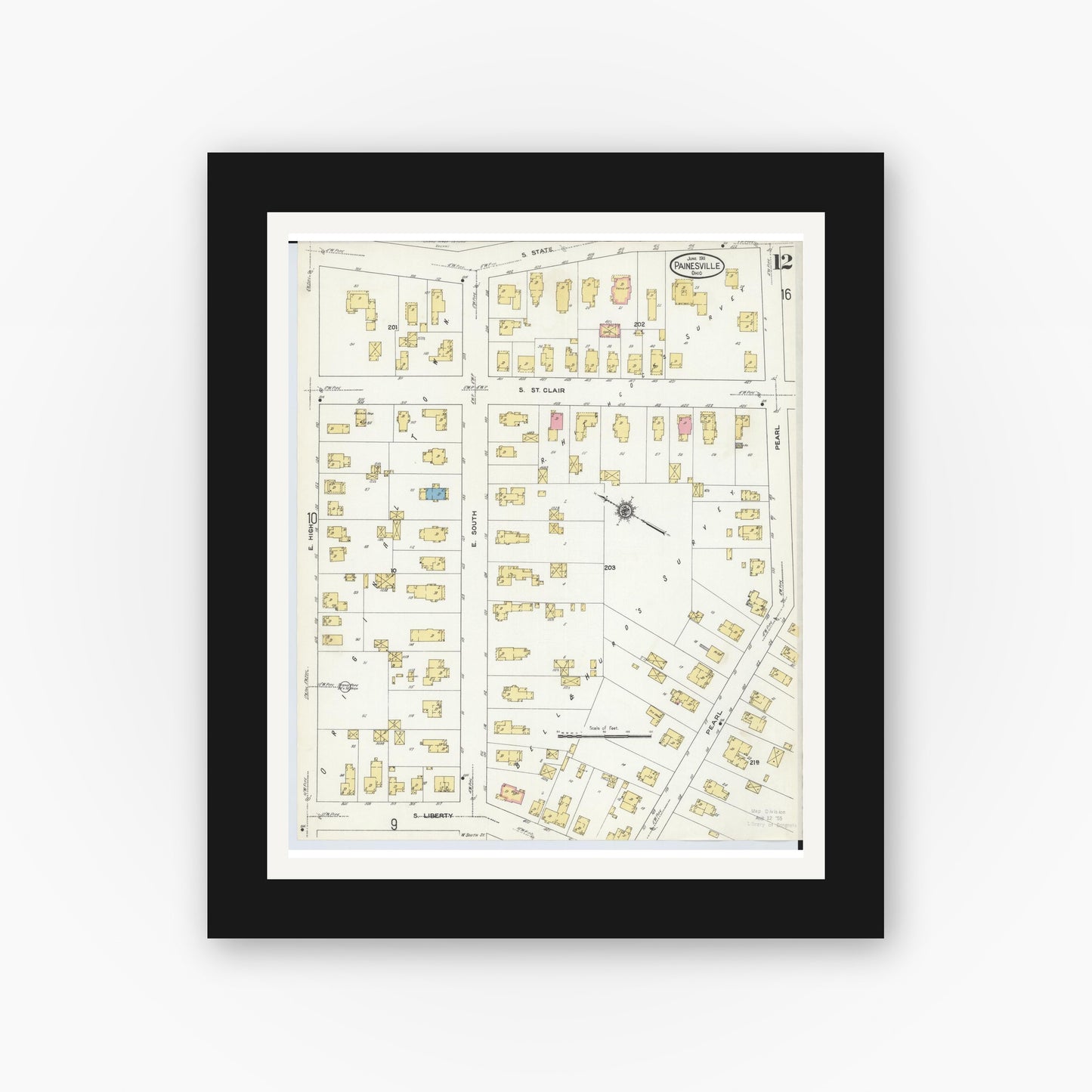 Old map wall art mockup — black gallery frame with white mat — Sanborn Fire Insurance Map from Painesville, Lake County, Ohio (1911), Sheet #0012