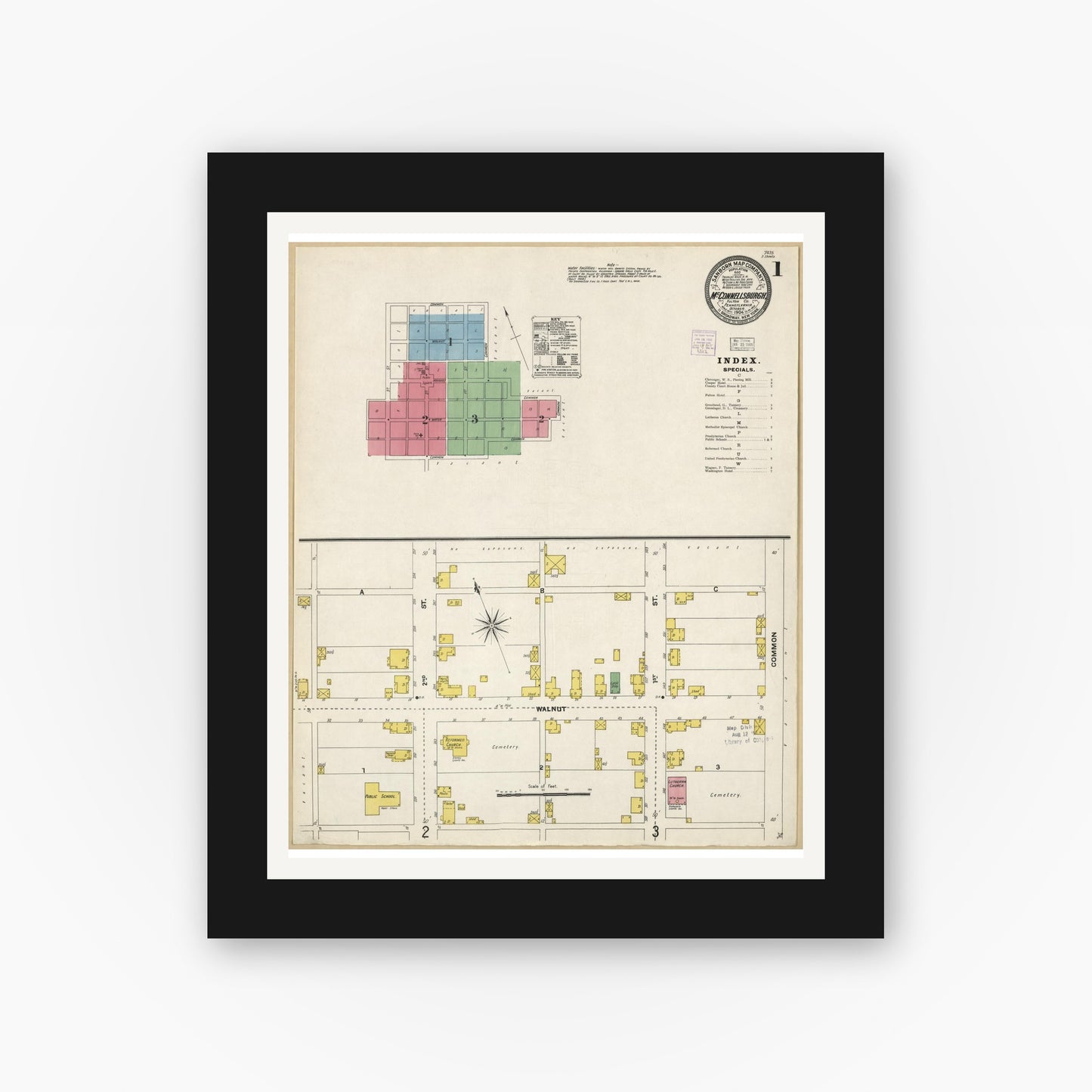 Old map wall art mockup — black gallery frame with white mat — Sanborn Fire Insurance Map from McConnellsburgh, Fulton County, Pennsylvania (1904), Sheet #0001