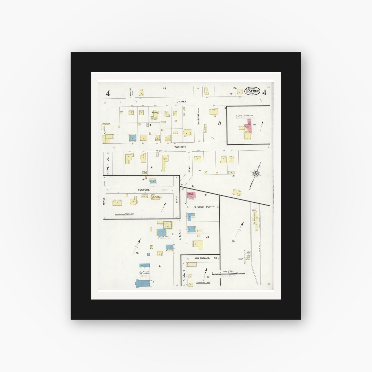 Old map wall art mockup — black gallery frame with white mat — Sanborn Fire Insurance Map from Boerne, Kendall County, Texas (1924), Sheet #0004