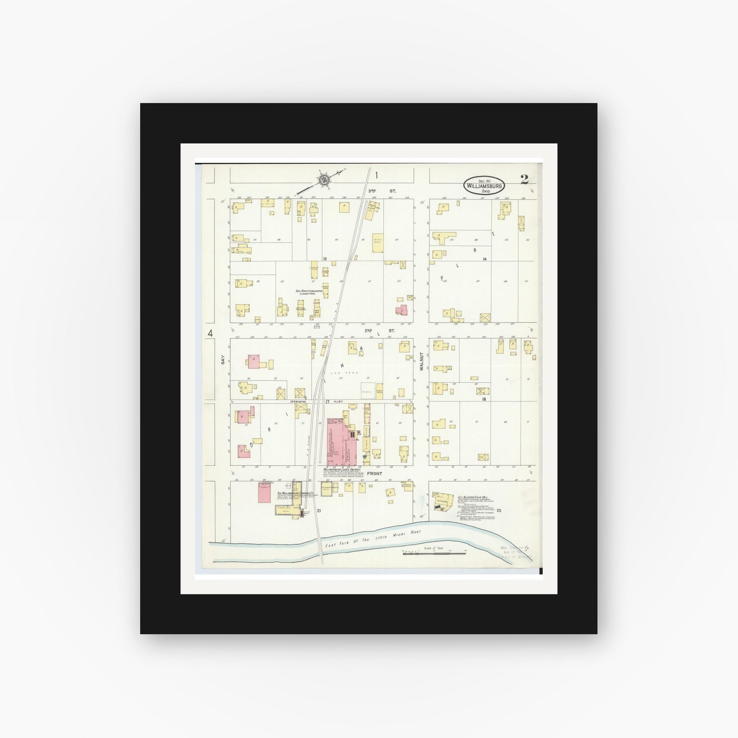 Old map wall art mockup — black gallery frame with white mat — Sanborn Fire Insurance Map from Williamsburg, Clermont County, Ohio (1911), Sheet #0002