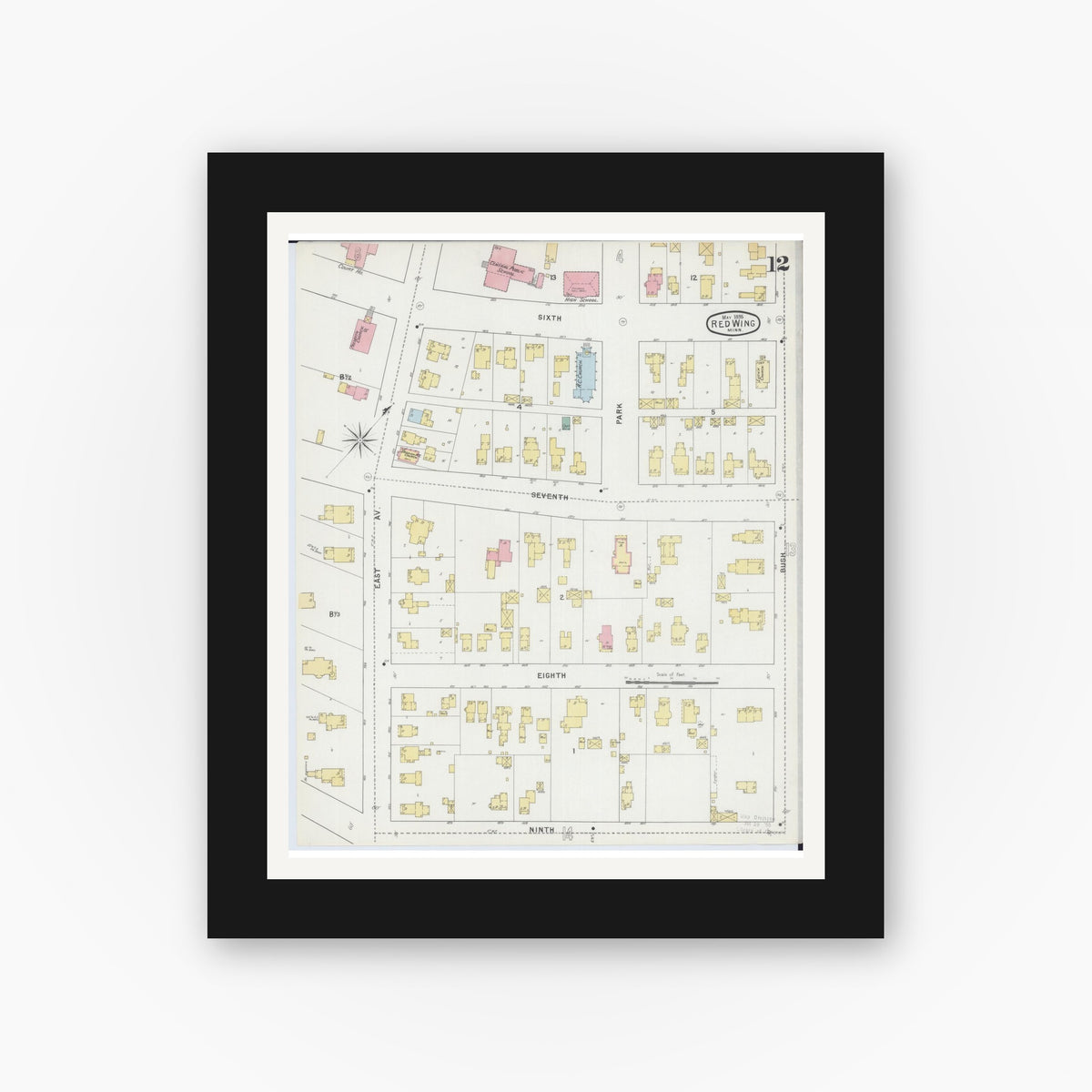 Old map wall art mockup — black gallery frame with white mat — Sanborn Fire Insurance Map from Red Wing, Goodhue County, Minnesota (1895), Sheet #0012