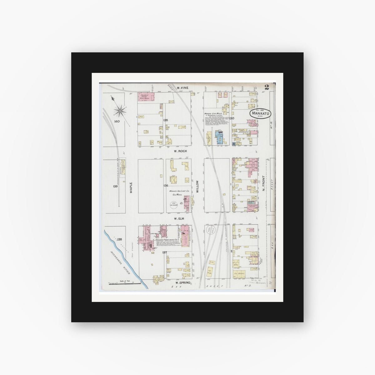 Old map wall art mockup — black gallery frame with white mat — Sanborn Fire Insurance Map from Mankato, Blue Earth County, Minnesota (1889), Sheet #0002