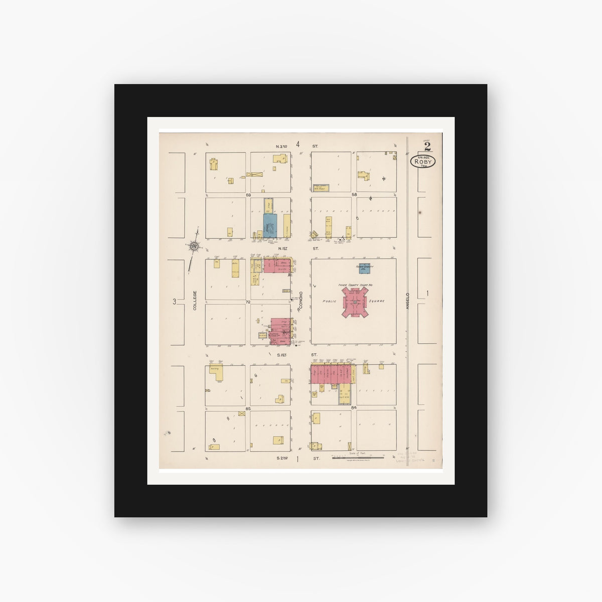 Old map wall art mockup — black gallery frame with white mat — Sanborn Fire Insurance Map from Roby, Fisher County, Texas (1922), Sheet #0002