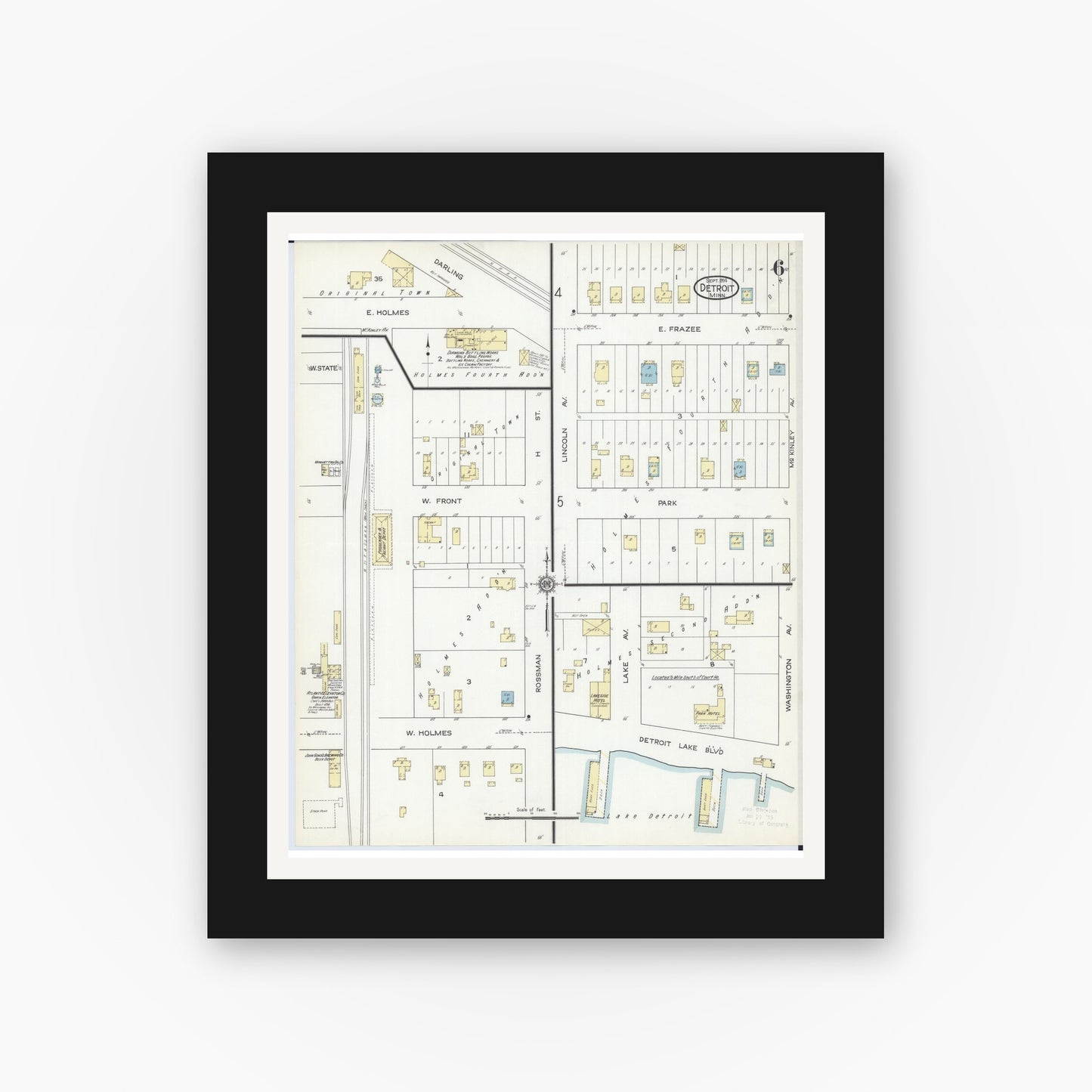Old map wall art mockup — black gallery frame with white mat — Sanborn Fire Insurance Map from Detroit Lakes, Becker County, Minnesota (1914), Sheet #0006