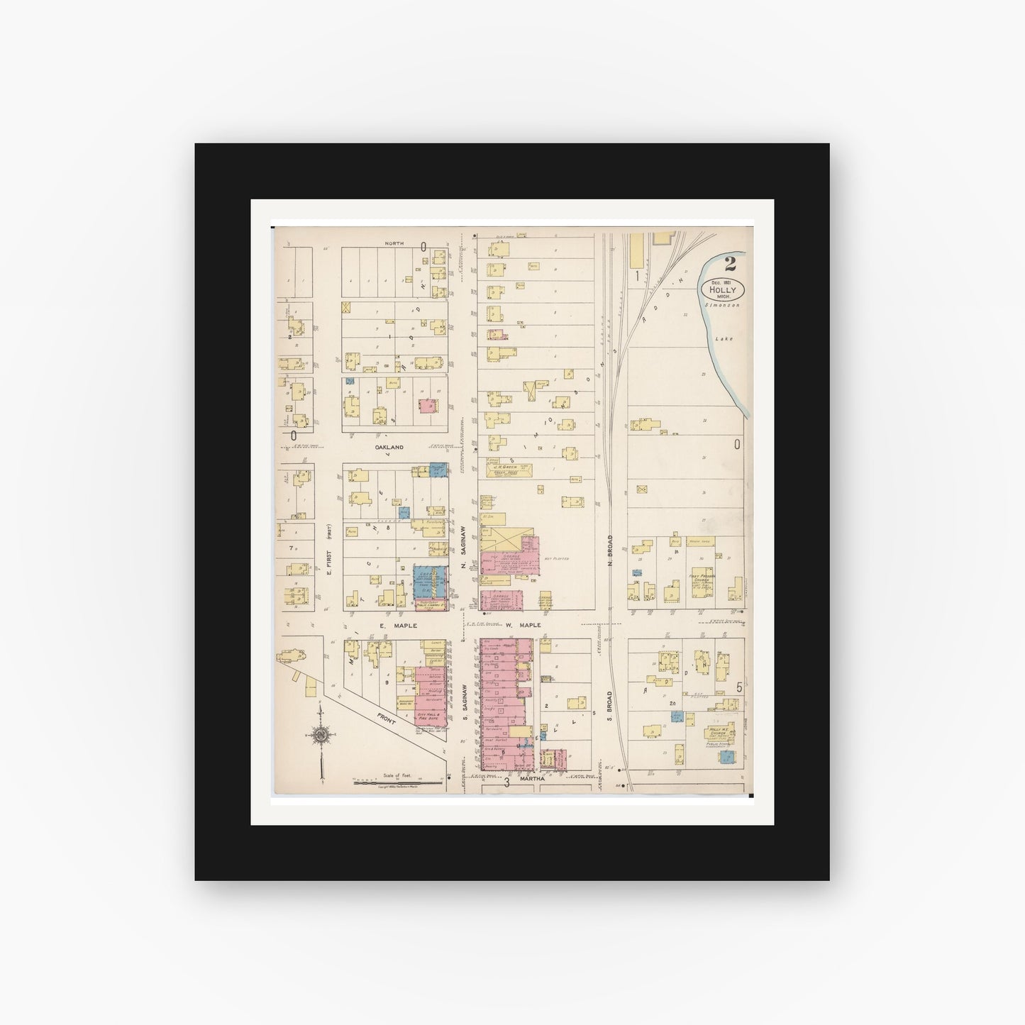 Old map wall art mockup — black gallery frame with white mat — Sanborn Fire Insurance Map from Holly, Oakland County, Michigan (1921), Sheet #0002