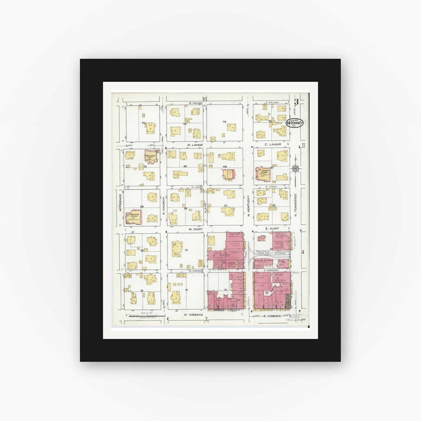 Old map wall art mockup — black gallery frame with white mat — Sanborn Fire Insurance Map from McKinney, Collin County, Texas (1920), Sheet #0003