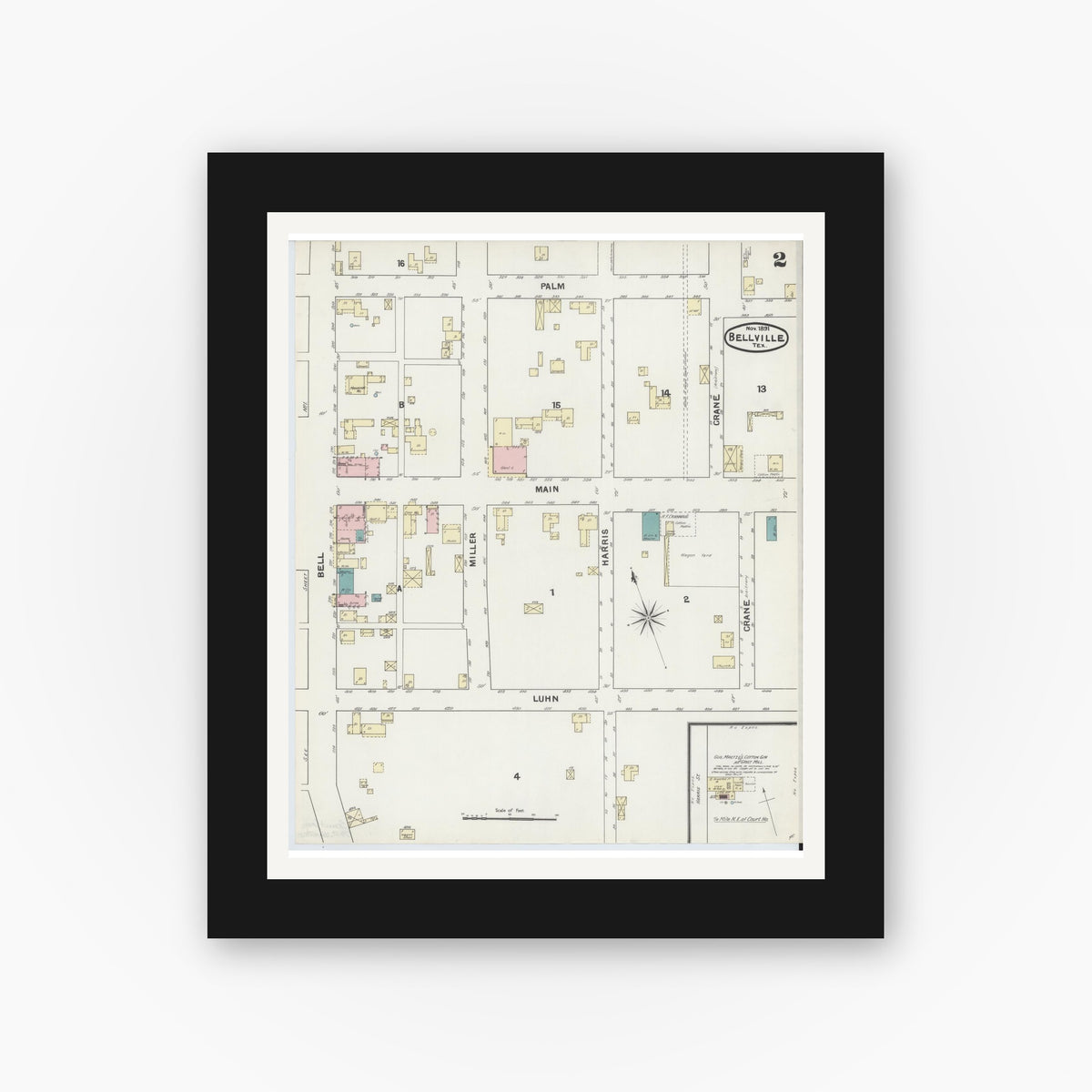 Old map wall art mockup — black gallery frame with white mat — Sanborn Fire Insurance Map from Bellville, Austin County, Texas (1891), Sheet #0002