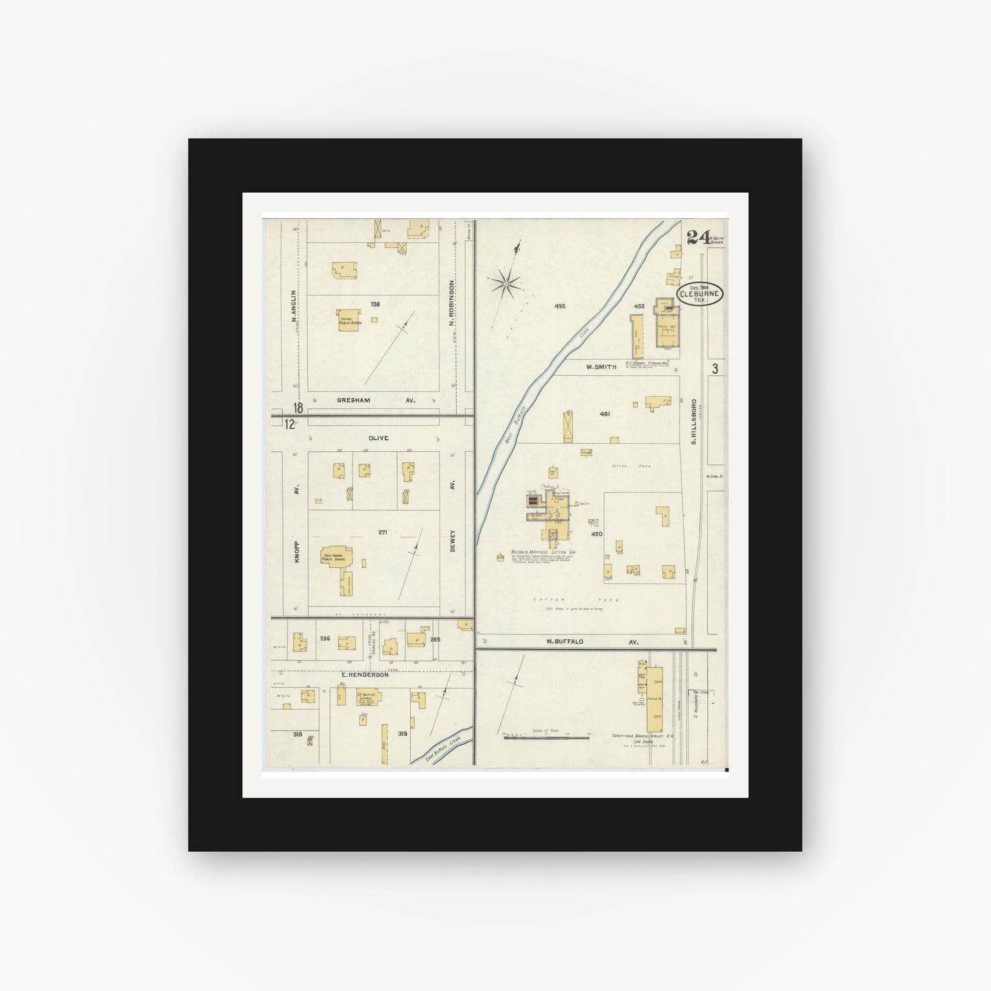 Old map wall art mockup — black gallery frame with white mat — Sanborn Fire Insurance Map from Cleburne, Johnson County, Texas (1904), Sheet #0024
