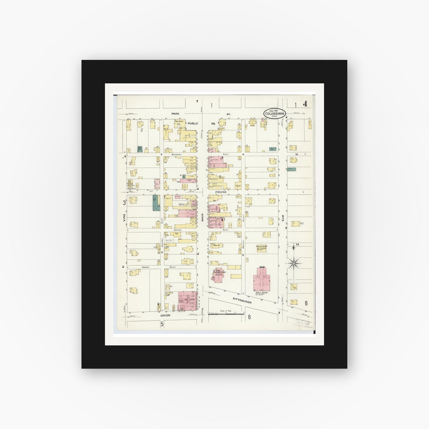 Old map wall art mockup — black gallery frame with white mat — Sanborn Fire Insurance Map from Columbiana, Columbiana County, Ohio (1909), Sheet #0004