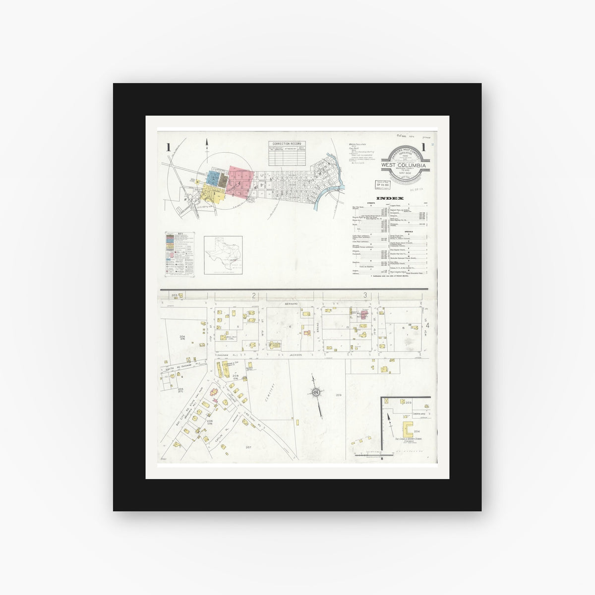Old map wall art mockup — black gallery frame with white mat — Sanborn Fire Insurance Map from West Columbia, Brazoria County, Texas (1936) - Complete Map Set