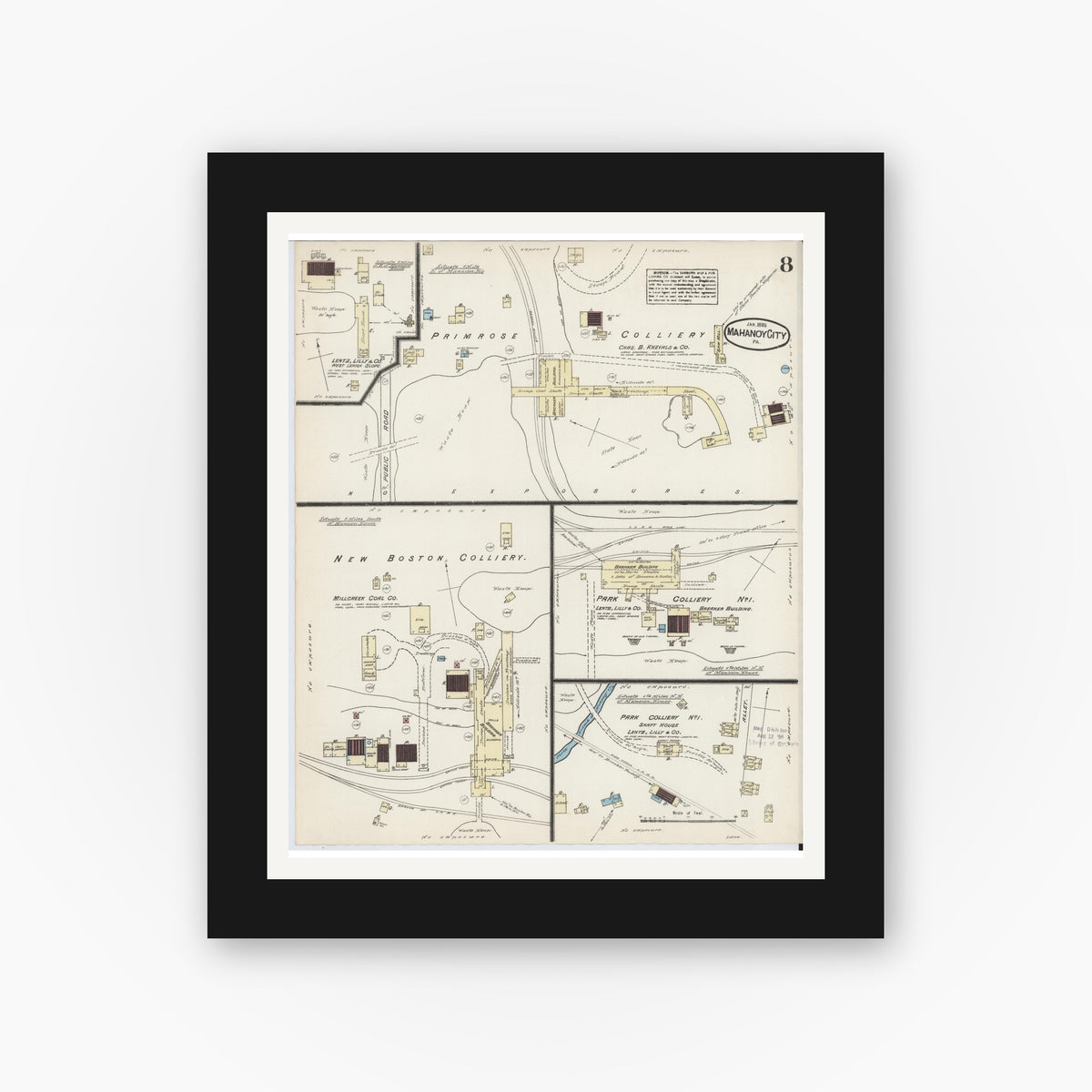 Old map wall art mockup β black gallery frame with white mat β Sanborn Fire Insurance Map from Mahanoy City, Schuylkill County, Pennsylvania (1885), Sheet #0008