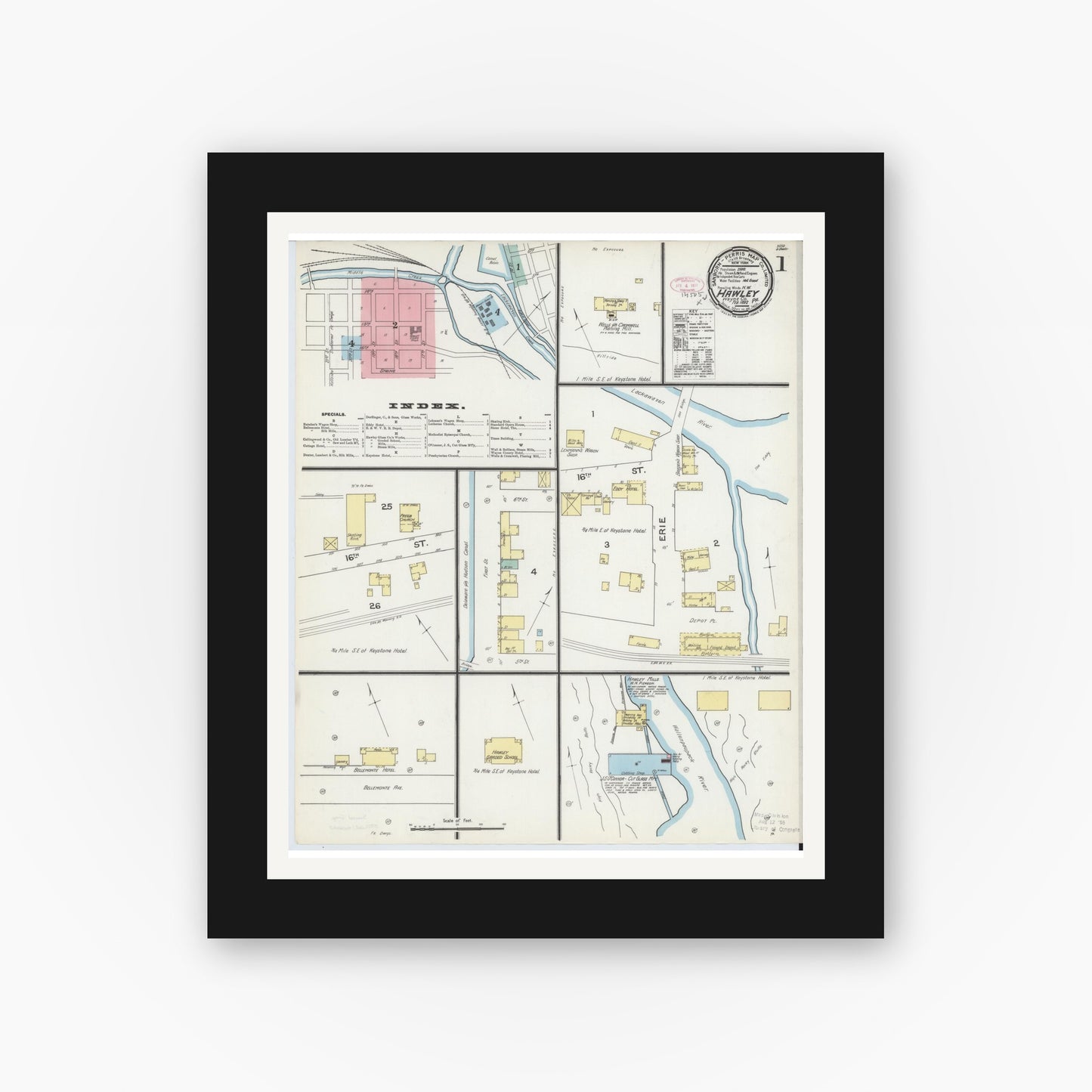 Old map wall art mockup — black gallery frame with white mat — Sanborn Fire Insurance Map from Hawley, Wayne County, Pennsylvania (1892), Sheet #0001