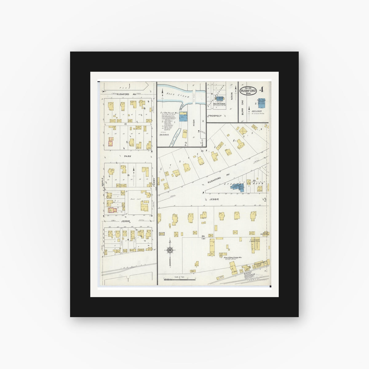 Old map wall art mockup — black gallery frame with white mat — Sanborn Fire Insurance Map from Rushford, Fillmore County, Minnesota (1915), Sheet #0004