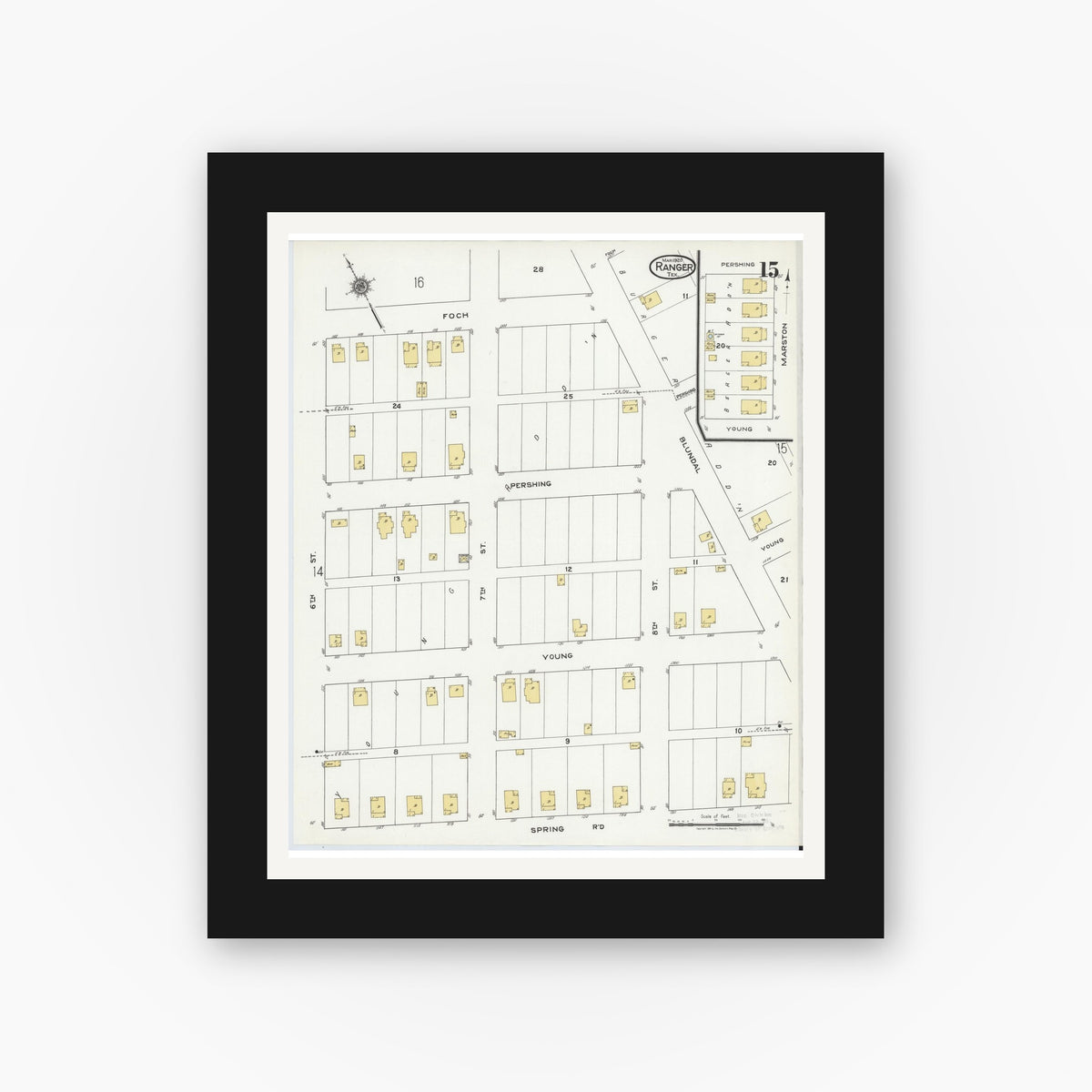 Old map wall art mockup — black gallery frame with white mat — Sanborn Fire Insurance Map from Ranger, Eastland County, Texas (1920), Sheet #0015