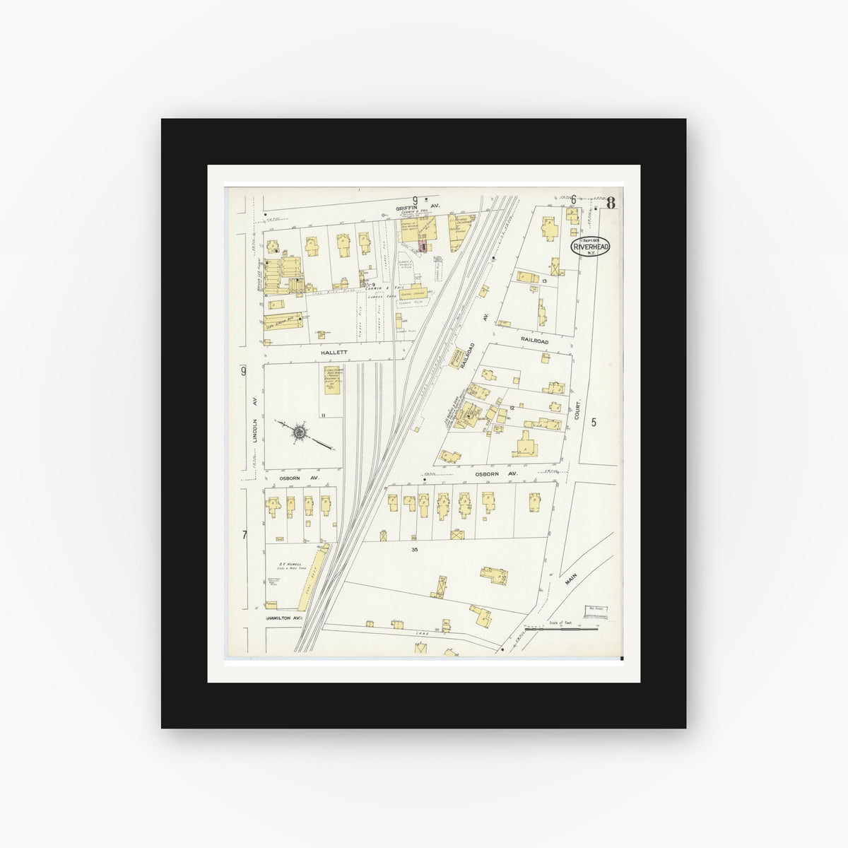 Old map wall art mockup — black gallery frame with white mat — Sanborn Fire Insurance Map from Riverhead, Suffolk County, New York (1909), Sheet #0008