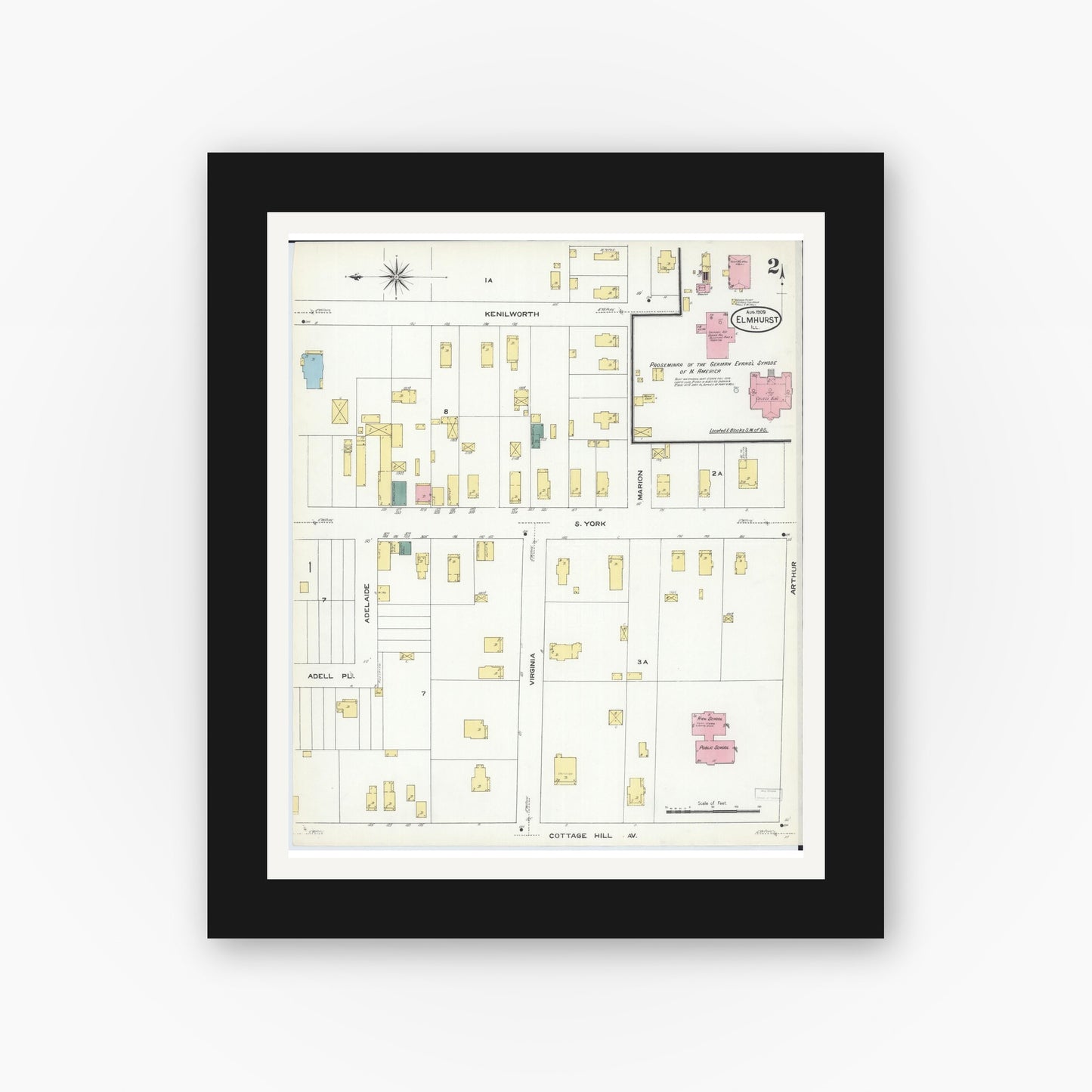 Old map wall art mockup — black gallery frame with white mat — Sanborn Fire Insurance Map from Elmhurst, Du Page County, Illinois (1909), Sheet #0002