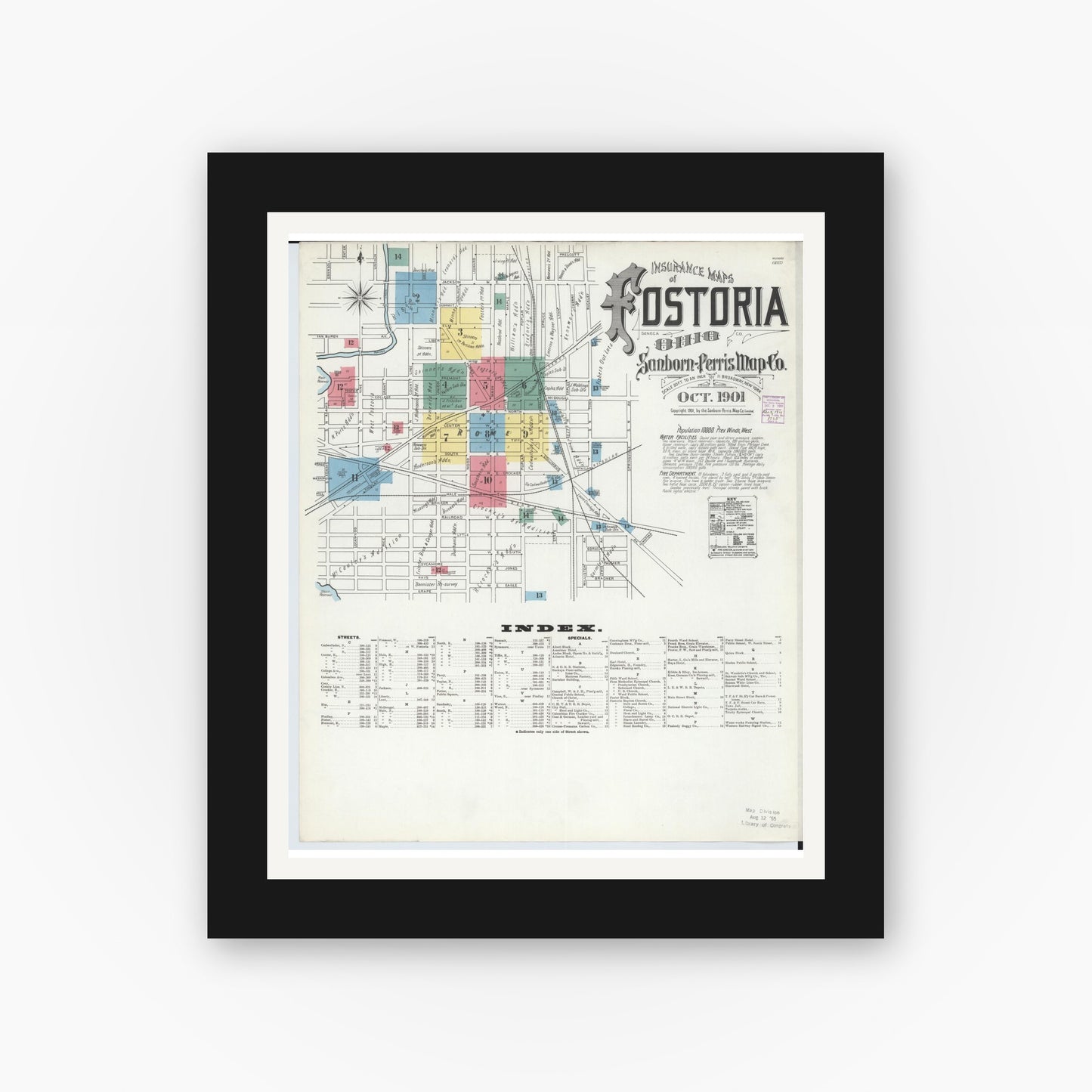 Old map wall art mockup — black gallery frame with white mat — Sanborn Fire Insurance Map from Fostoria, Seneca, Hancock, And Wood Counties, Ohio (1901) - Complete Map Set