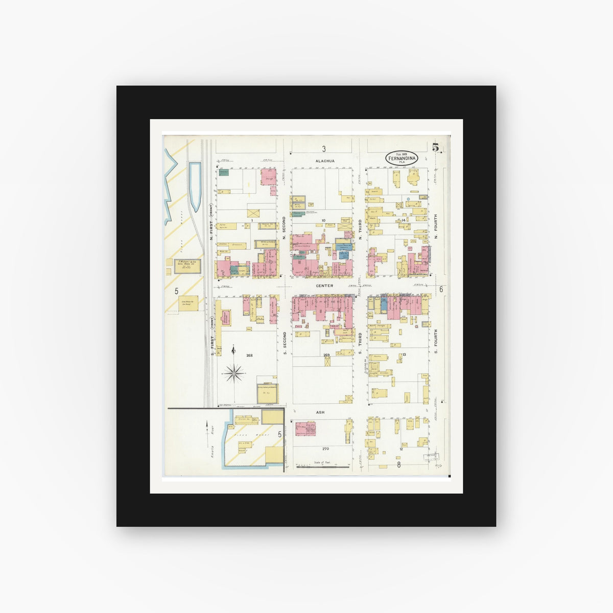 Old map wall art mockup — black gallery frame with white mat — Sanborn Fire Insurance Map from Fernandina, Nassau County, Florida (1909), Sheet #0005